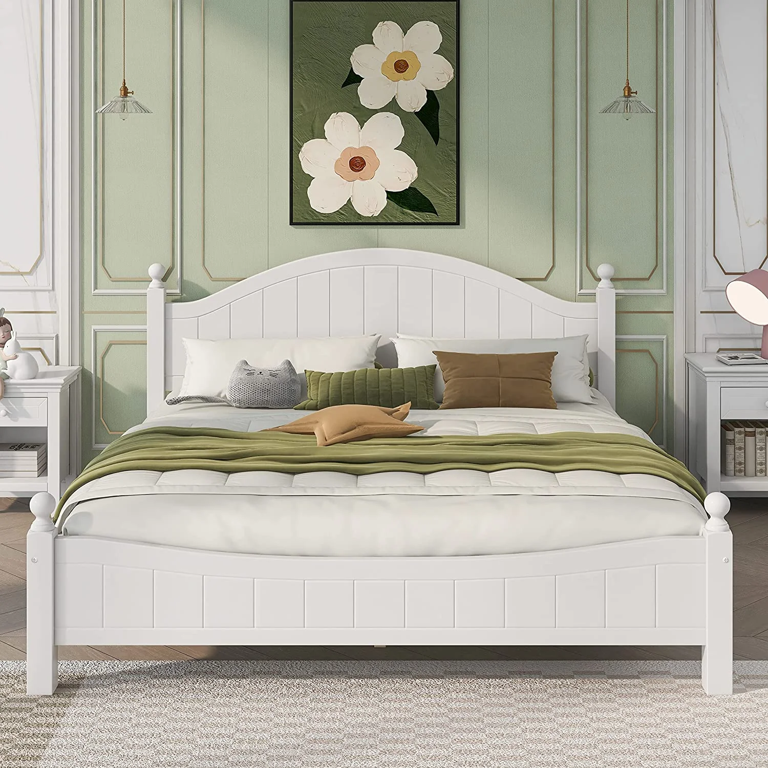 Kig Plaform Bed Wih Headboard Ad Fooboard, Wood Kig Size Bed Frame Wih Sla Suppor, Cocise Kig Bed For Kids,ees, Aduls, Bedroom, o Box Sprig eeded (Milky Whie)