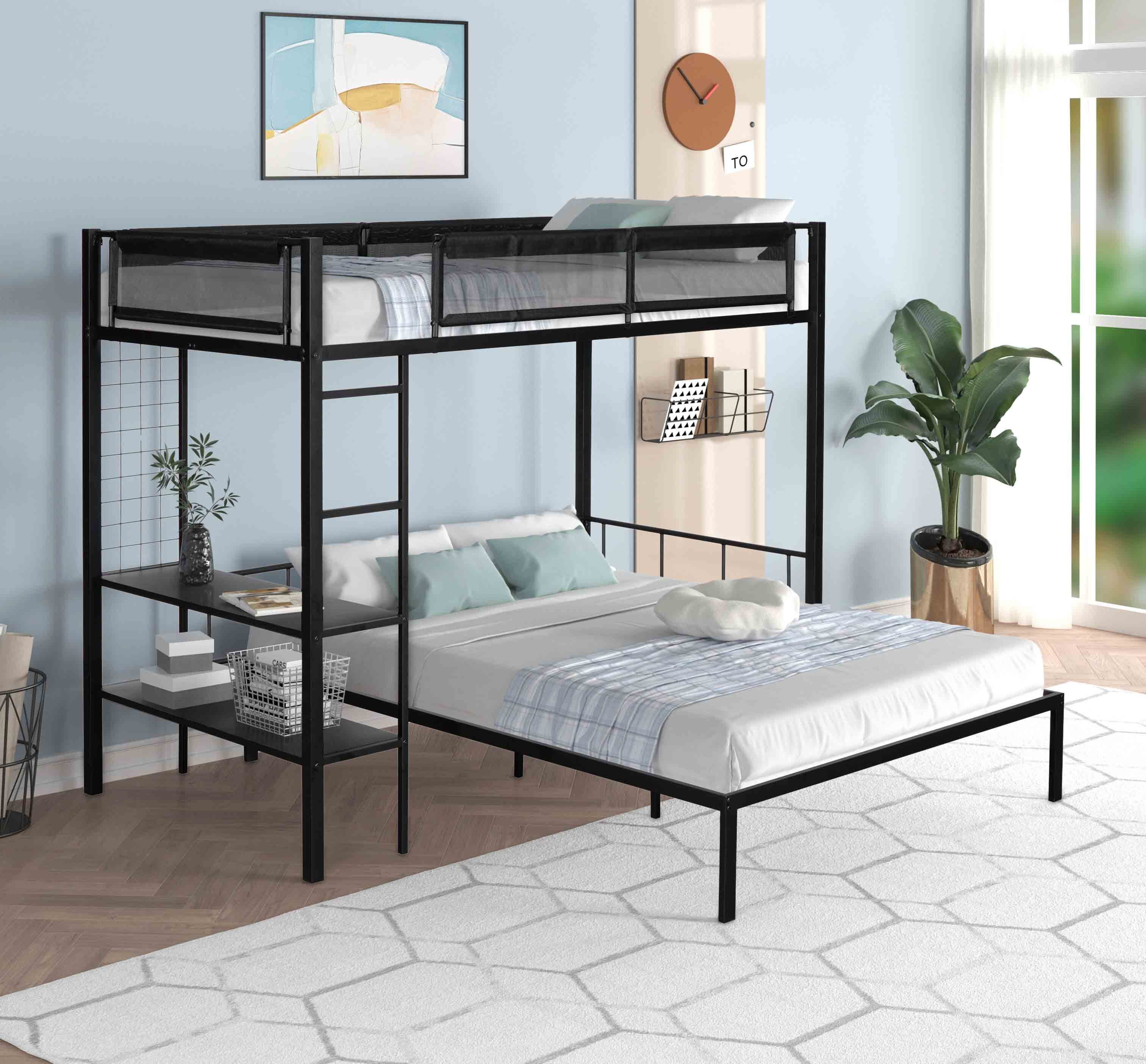 Metal Twin over Full Bunk with Shelves & Grid Panel/ Sturdy Metal Bed Frame/ Noise-free Wood Slats/ Comfortable Textilene Guardrail/ Built-in 2-tier Shelves & Grid Panel/ Separated Full size Bed
