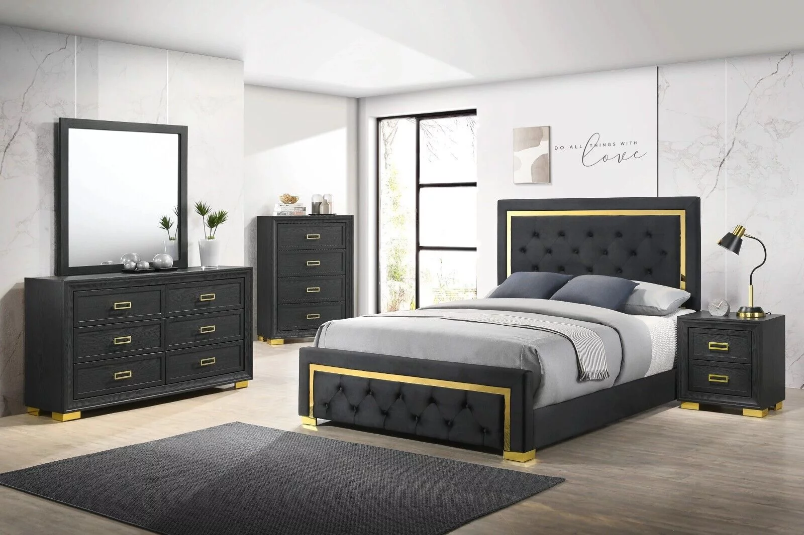 Modern Glam 4pc Bedroom Set Queen Size Panel Bed Furniture Gold Black Finish