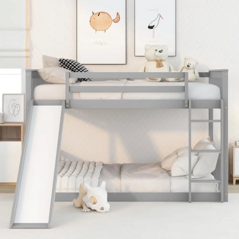 Full over Full Bunk Bed with Slide and Ladder in Grey Color