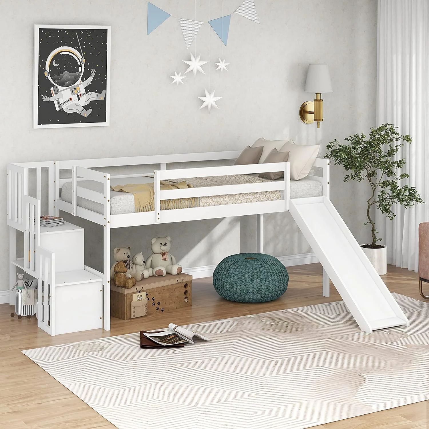 Loft Bed With Slide, Low Loft Bed Frame With Stairs And Storage Shelves, Slide Loft Bed For Boys Girls, No Box Spring Needed, White