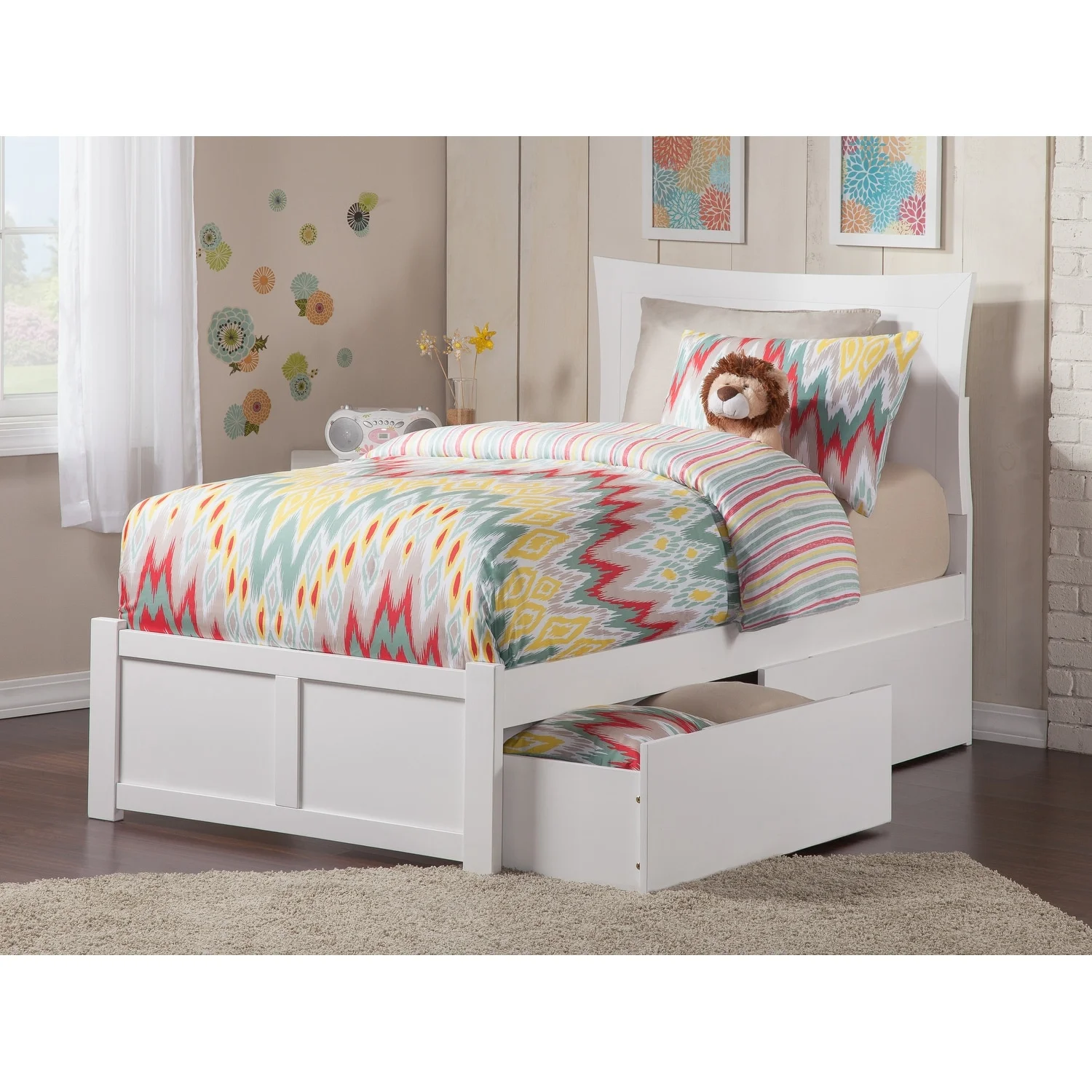 AFI Metro Twin XL Platform Bed with Footboard and 2 Drawers in White