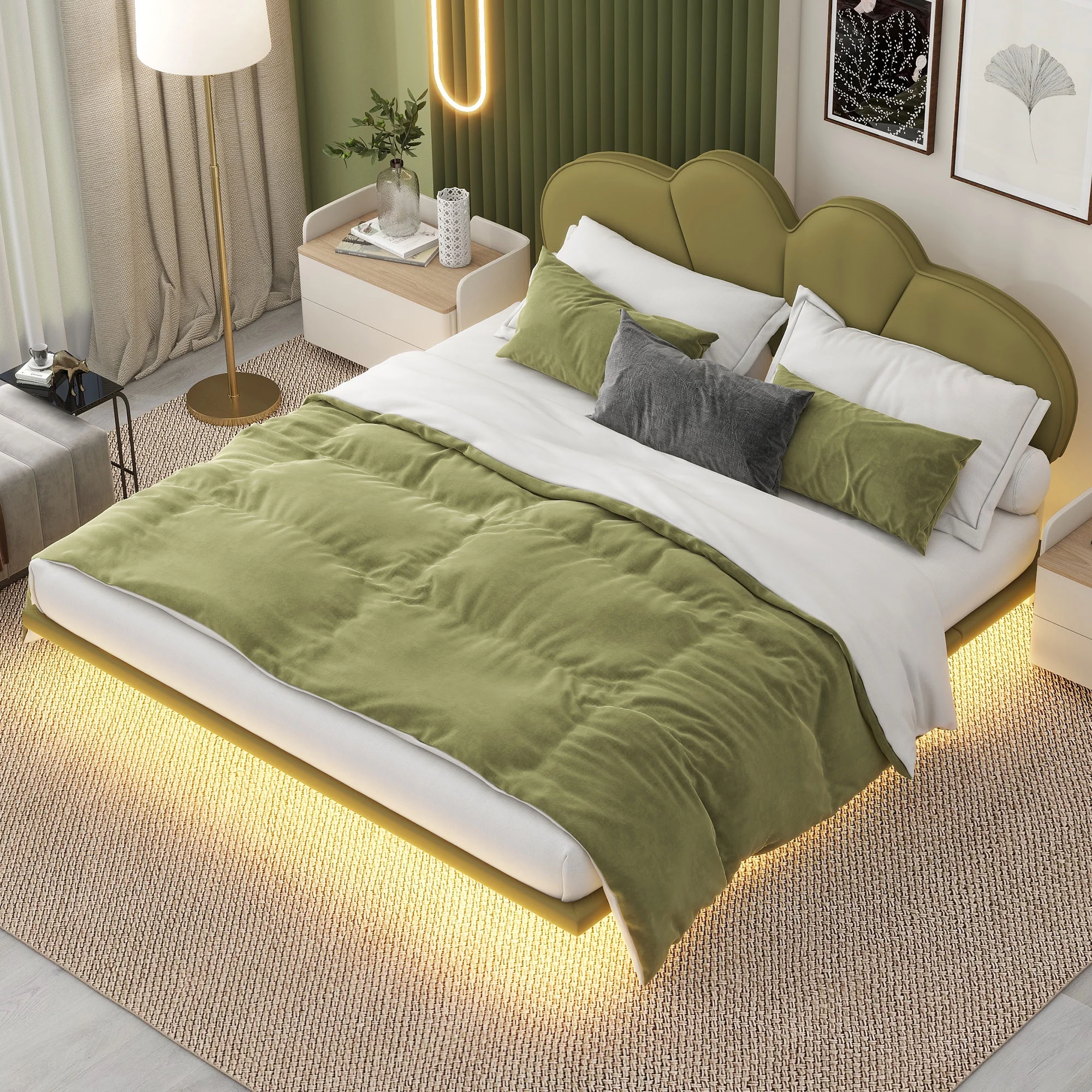 Queen Size Canopy Bed Frame - Upholstery Platform Bed with PU Leather Headboard, Support Legs,and LED Light-Green