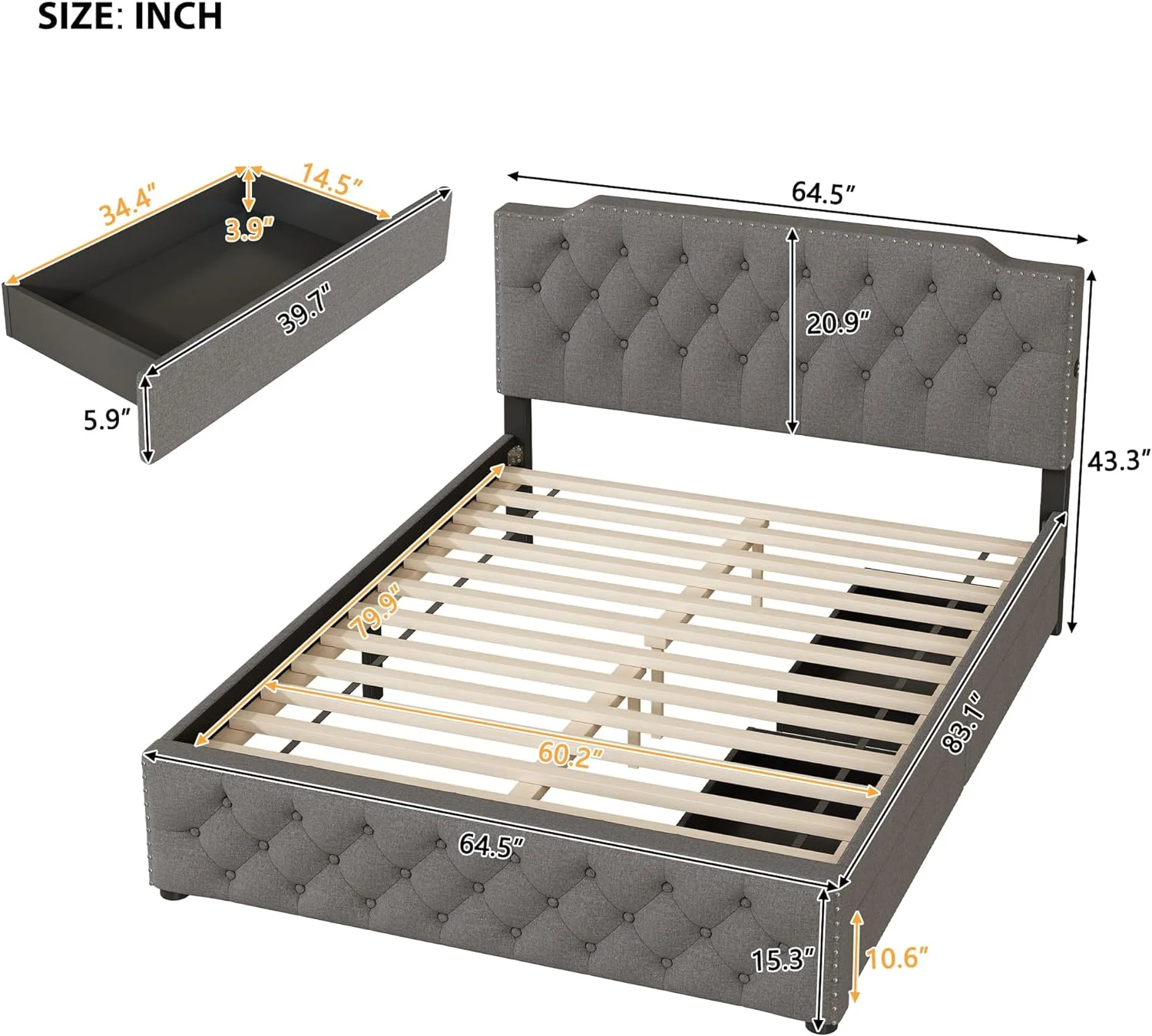 Quee Upholsered Plaform Bed Wih 2 Drawers Ad USB Pors O Each Side, Quee Bed Frame Wih Sorage For Bedroom, Lie Fabric,o Box Sprig Required,Grey