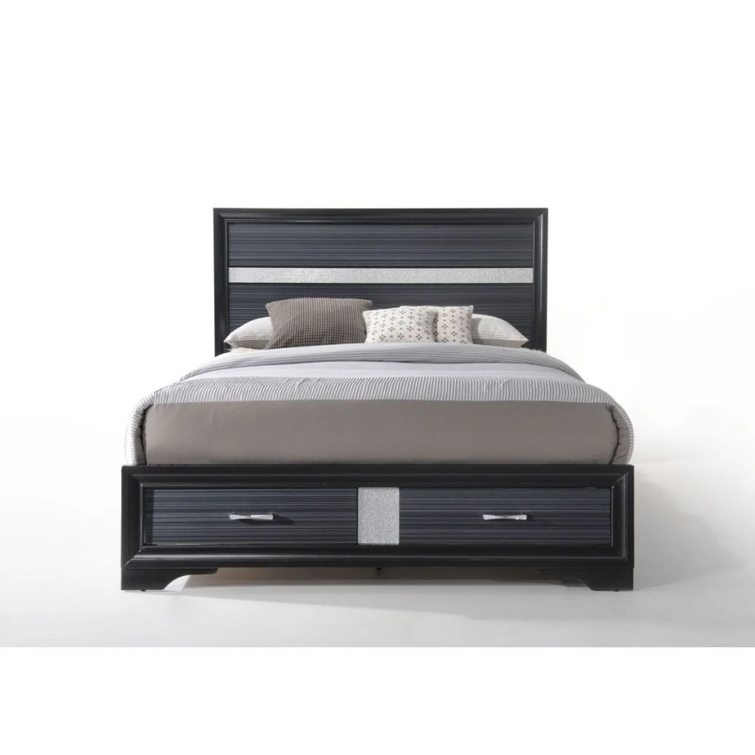 BenJara Nae Queen Size Bed, Rubberwood, Gray, Textured, Shimmery Acrylic Trim
