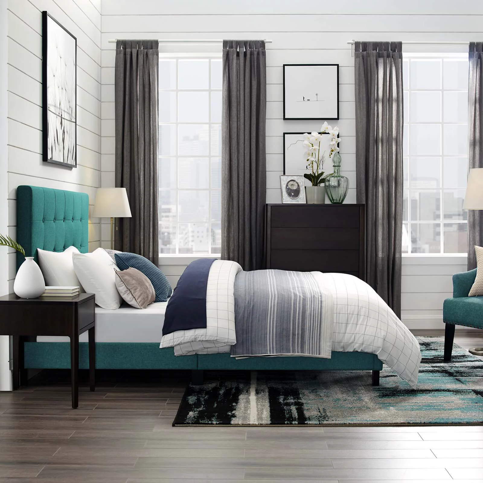 Contemporary Modern Urban Designer Bedroom Queen Size Platform Bed Frame, Fabric, Aqua Blue