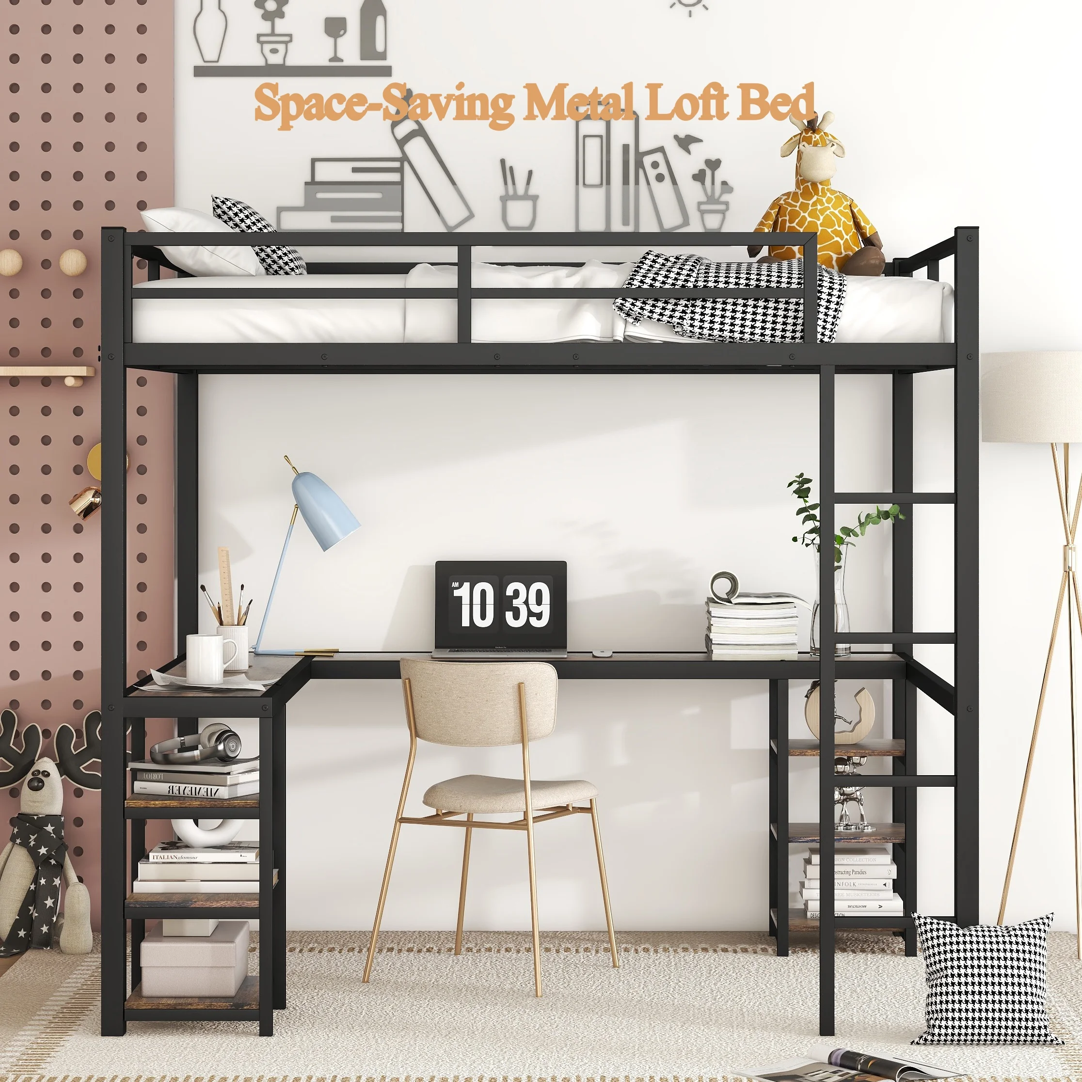 Bellemave Full Size Loft Bed with Desk and Shelves, Metal Heavy-Duty Steel Loft Bed Frame Built-in Ladder for Boy Girls Teens Kids Adults(Black)