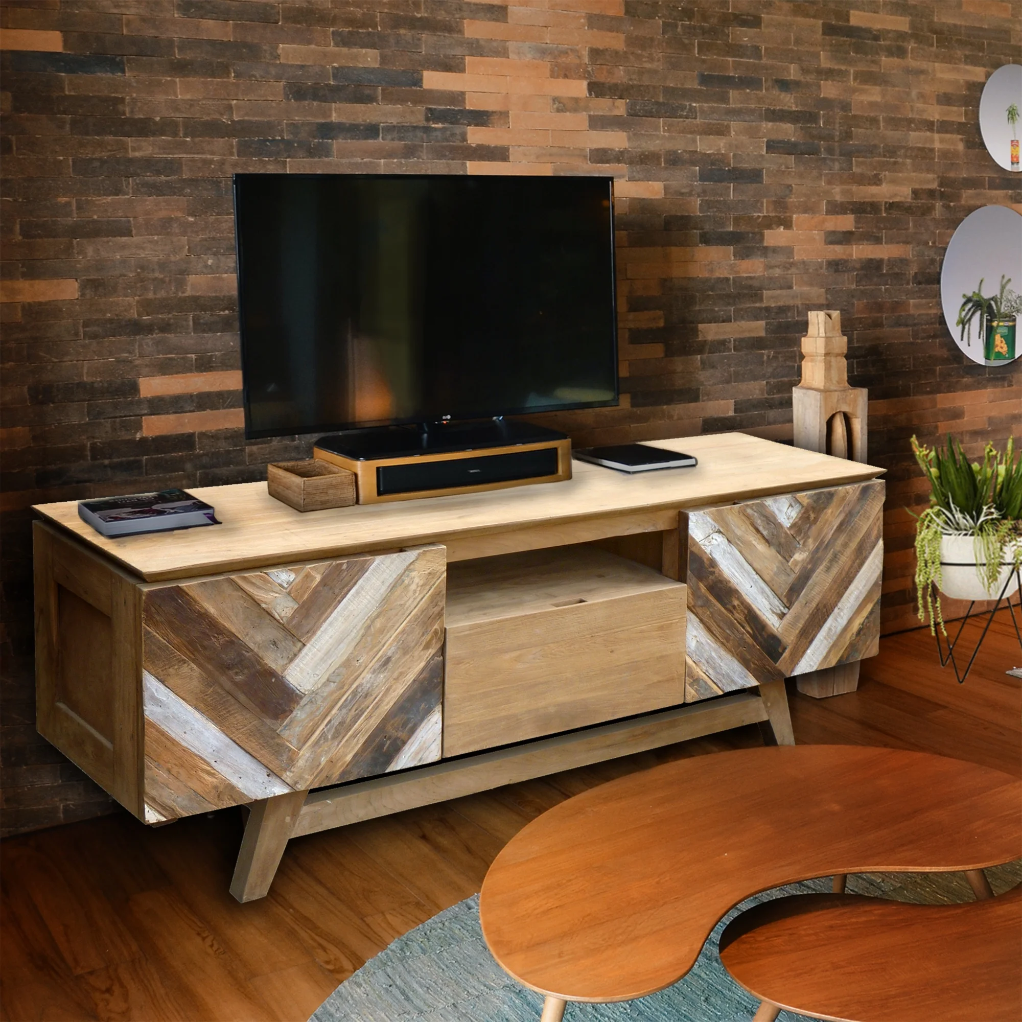 Recycled Teak Wood Brux Art Deco Dresser / Media Center, 63 Inch