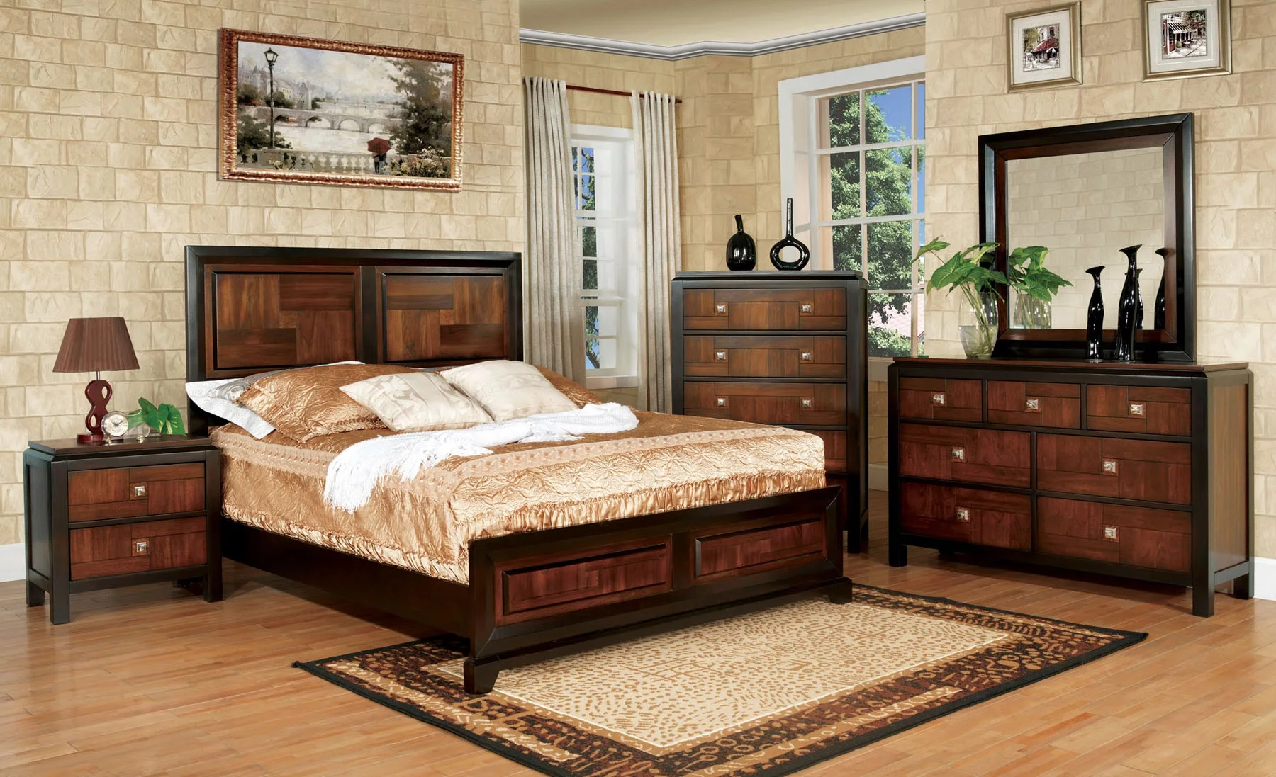 6pc Bedroom Furniture Set Full Size Bed Dresser Mirror 2x Nightstands Chest Gorgeous Two Tone Walnut Solid wood Acacia
