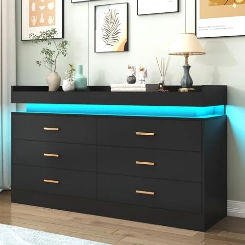 6 Drawer Dresser with LED Light Chest of Drawers for Closet Wide Drawer Organizer Cabinet for Bedroom Living Room Entryway Hallway(6 Drawer Black)