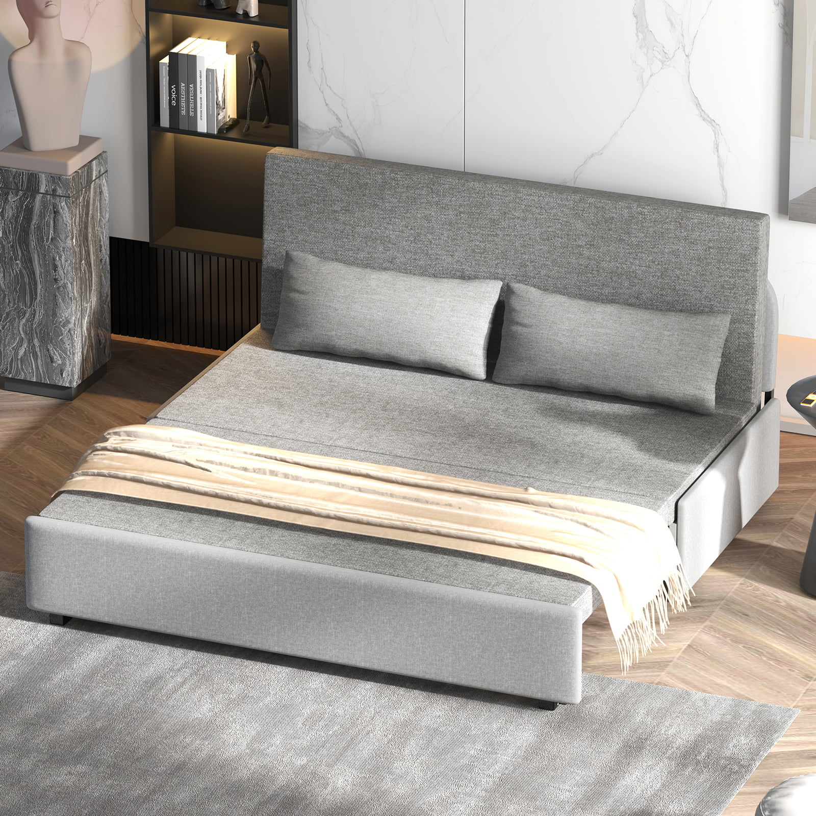 MUZZ Modern Queen Size Pull Out Convertible Sofa Bed,Reverible Linen Sofa Bed with 2 Pilliows and Matress,Sleeper Sofa Couch for Small Place/Apartment/Living Room/Bedroom (Light Gray)