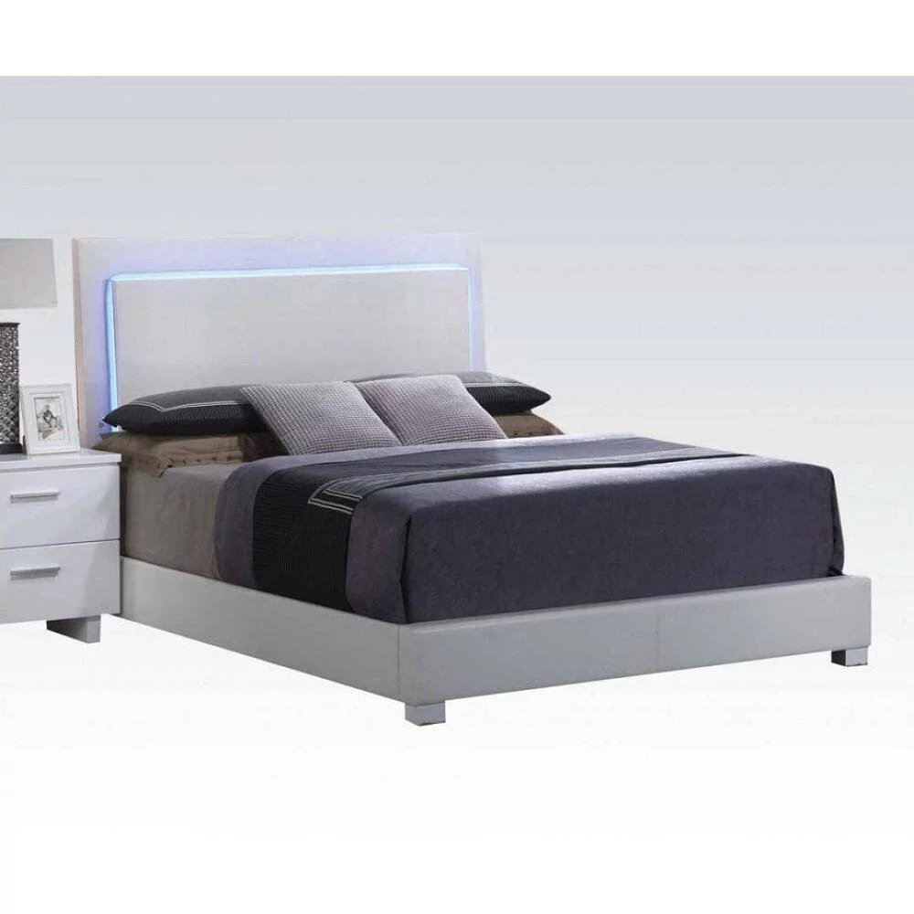 CoSoTower Queen Bed in White PU & Chrome Leg