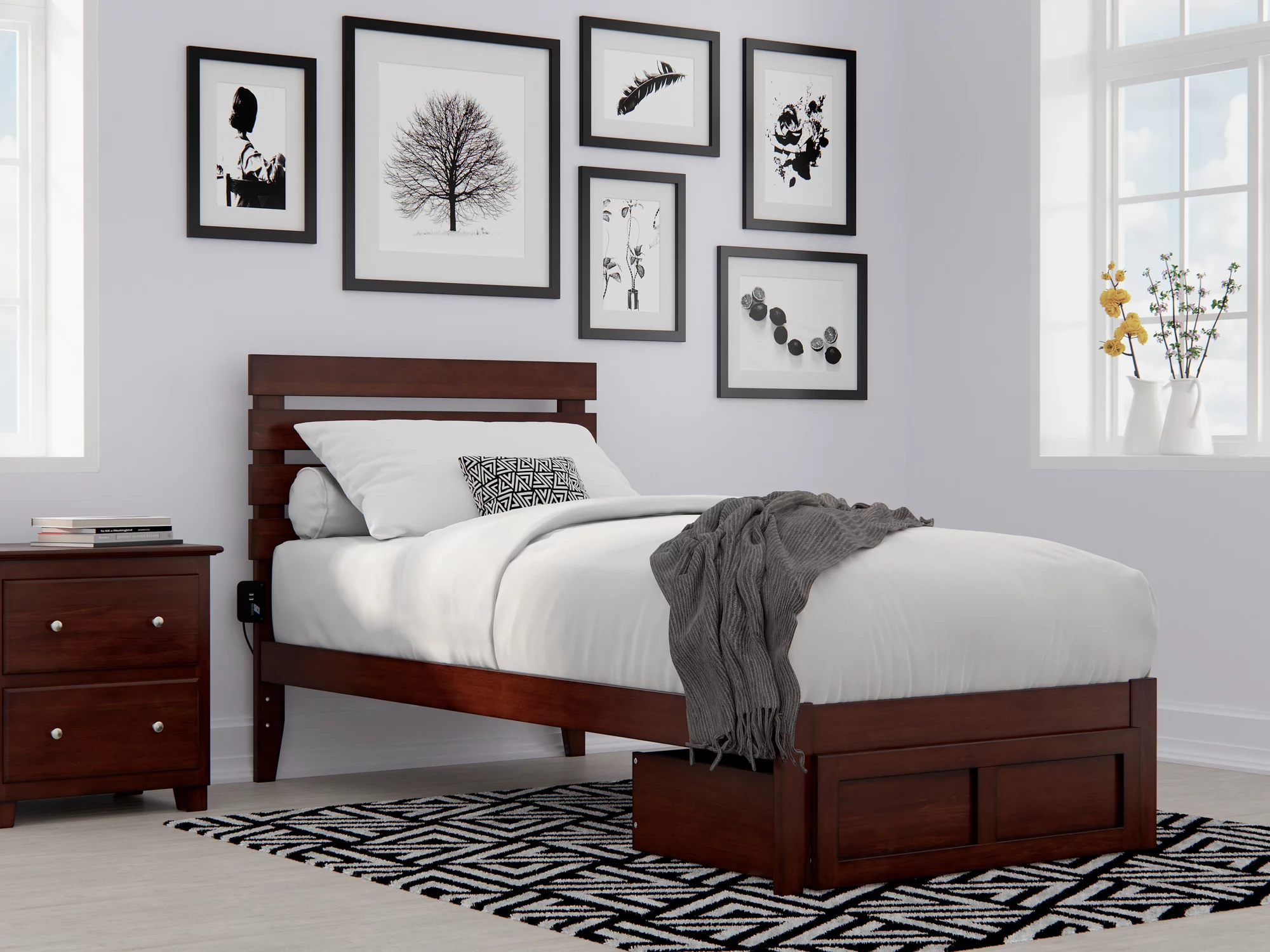 Oxford Twin Extra Long Bed with Foot Drawer and USB Turbo Charger in Walnut