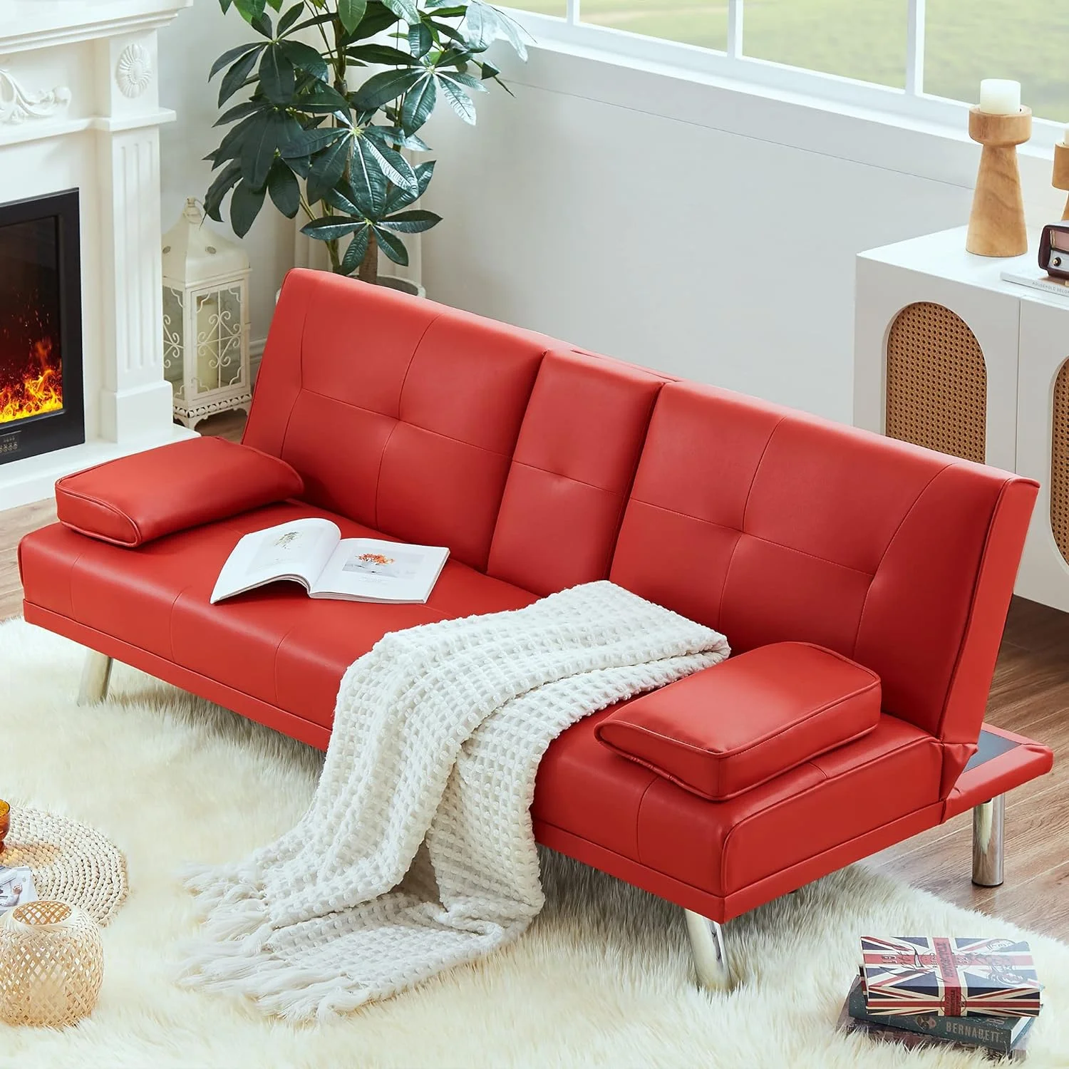 Glavbiku Modern Futon with Cup Holder and Pillows,Folding Sofa Bed for Living Room,Red