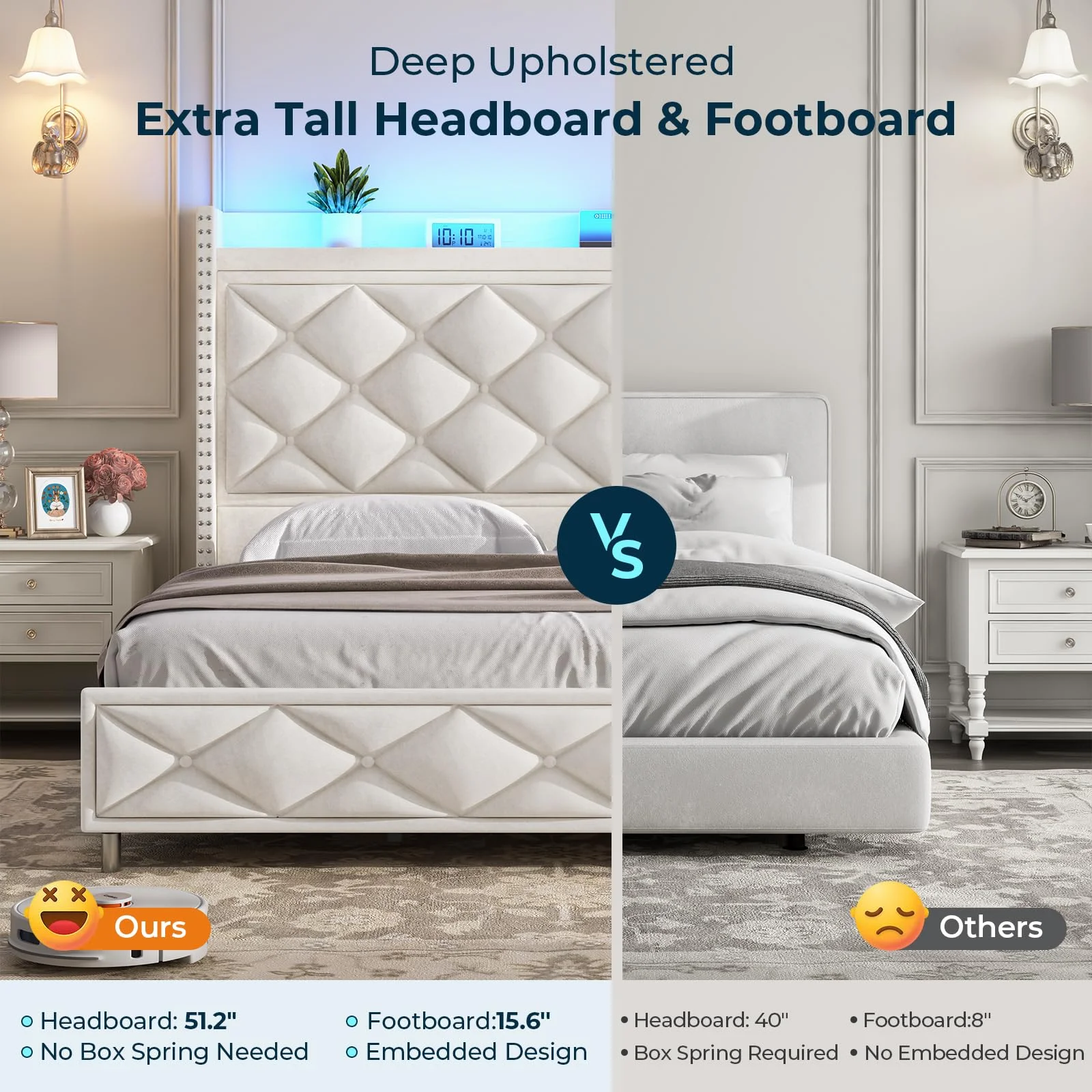 Afuhokles King Bed Frame, Upholstered Bed with Tall Headboard, Velvet Tufted Wingback Platform Bed Frame, No Box Spring Needed, Beige