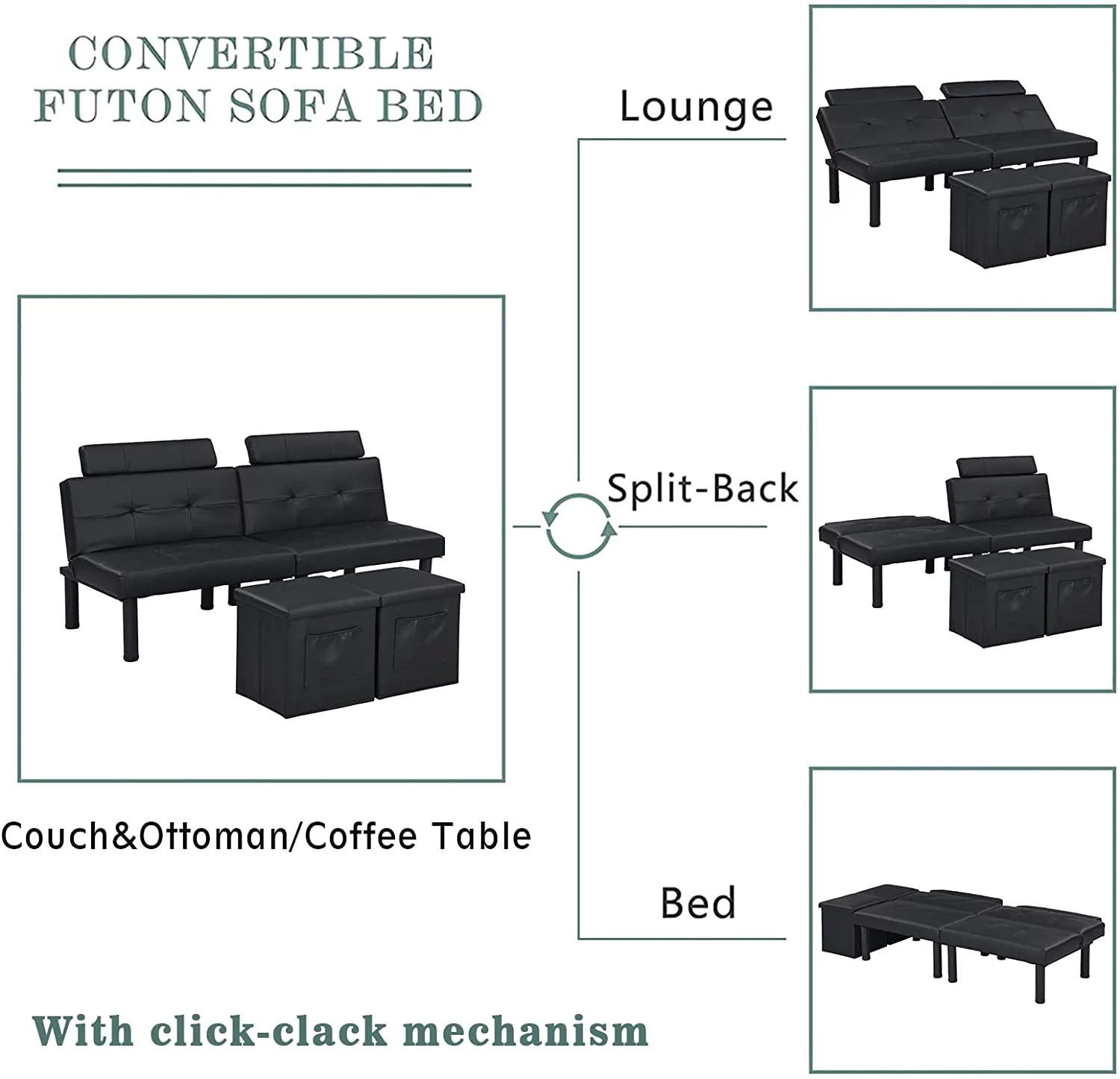 IPKIG Convertible Futon Sofa Bed with Two Storage Ottoman/Coffee Table, Folding Loveseat Sleeper, Small Futon Couch for Compact Living Space, Apartment, Dorm, Bedroom, 3 Angles/Metal Legs (Black)