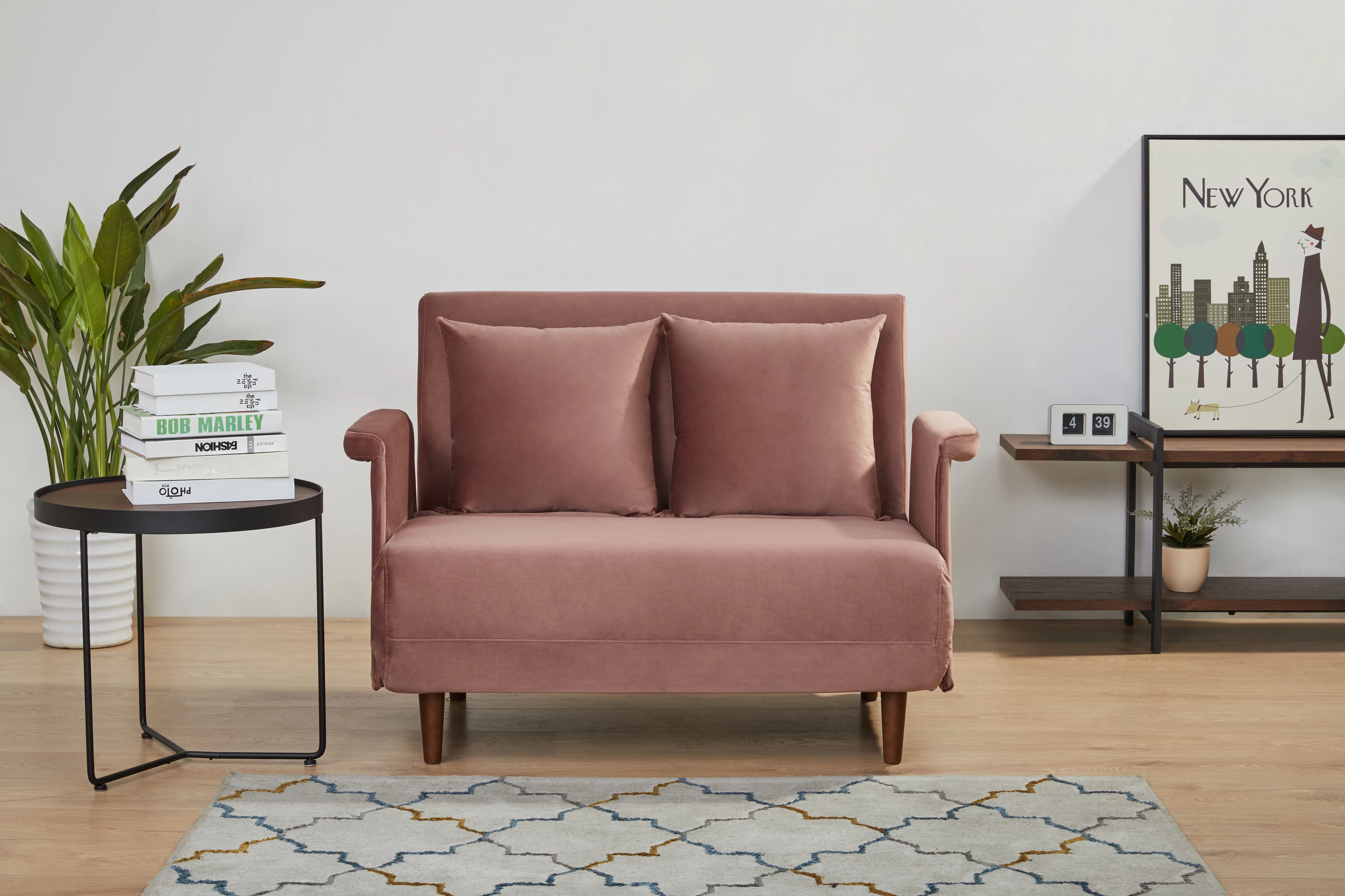 Artdeco Home Boston Velvet Convertible Loveseat Chair Bed, Pink Blush