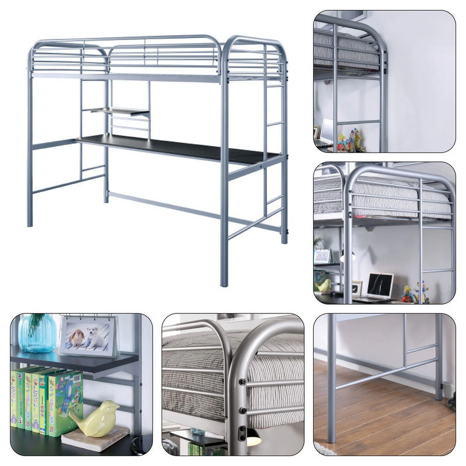 Attached Ladder twin bed Silver loft bed Metal bed frame
