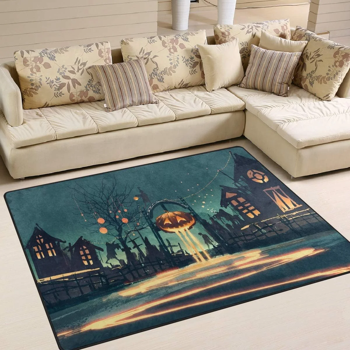 FREEAM Halloween Night with Pumpkin Scenery Area Rug Mat for Living Dining Dorm Room Bedroom Home Decorative 7' x 5'