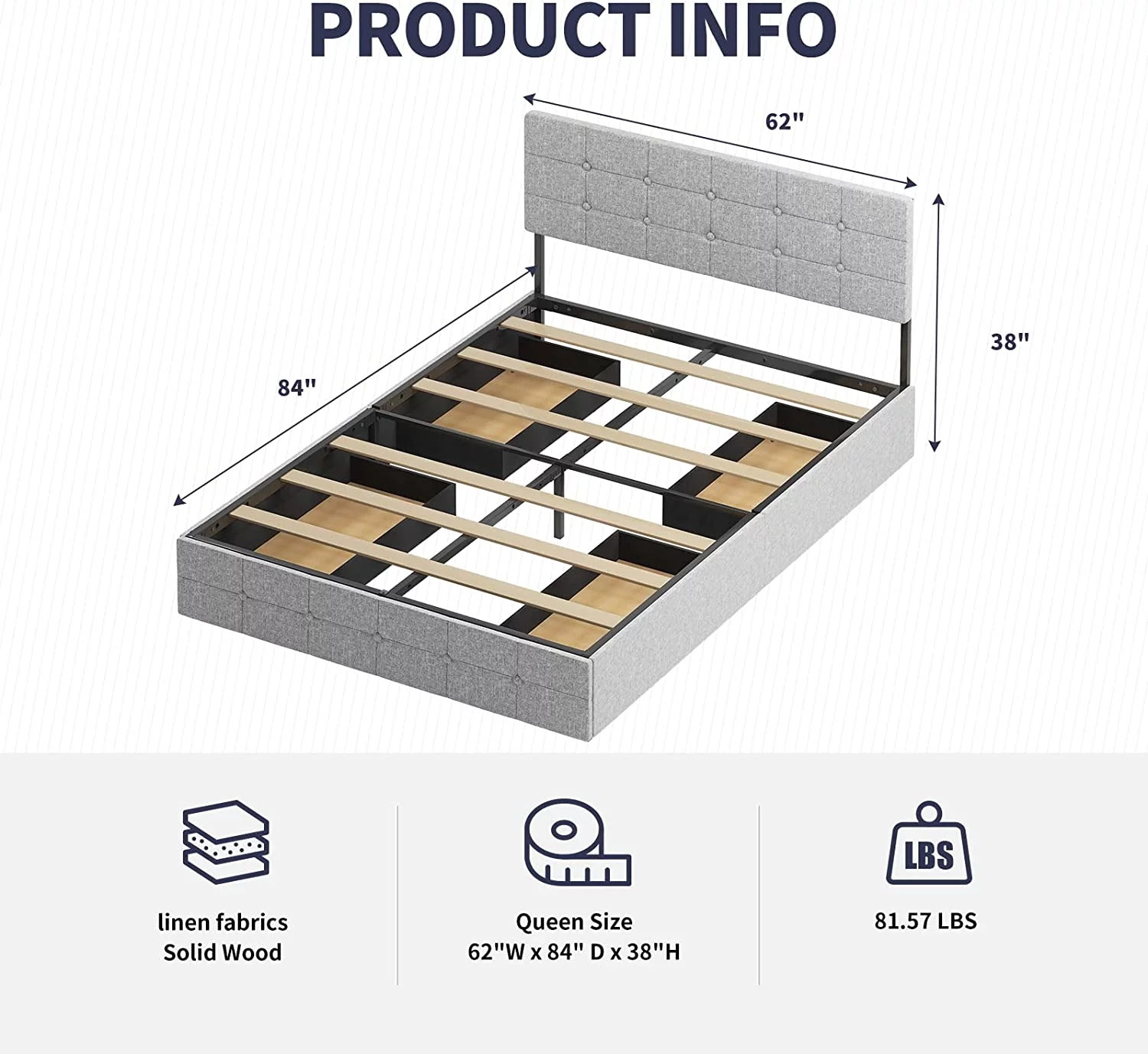 ZAFLY Queen Platform Bed Frame with 4 Storage Drawers,Queen Size Bed Frame with Linen Fabric Headboard,Square Stitched Button Tufted Design,Wooden Slats Support,No Box Spring Needed,Light Grey
