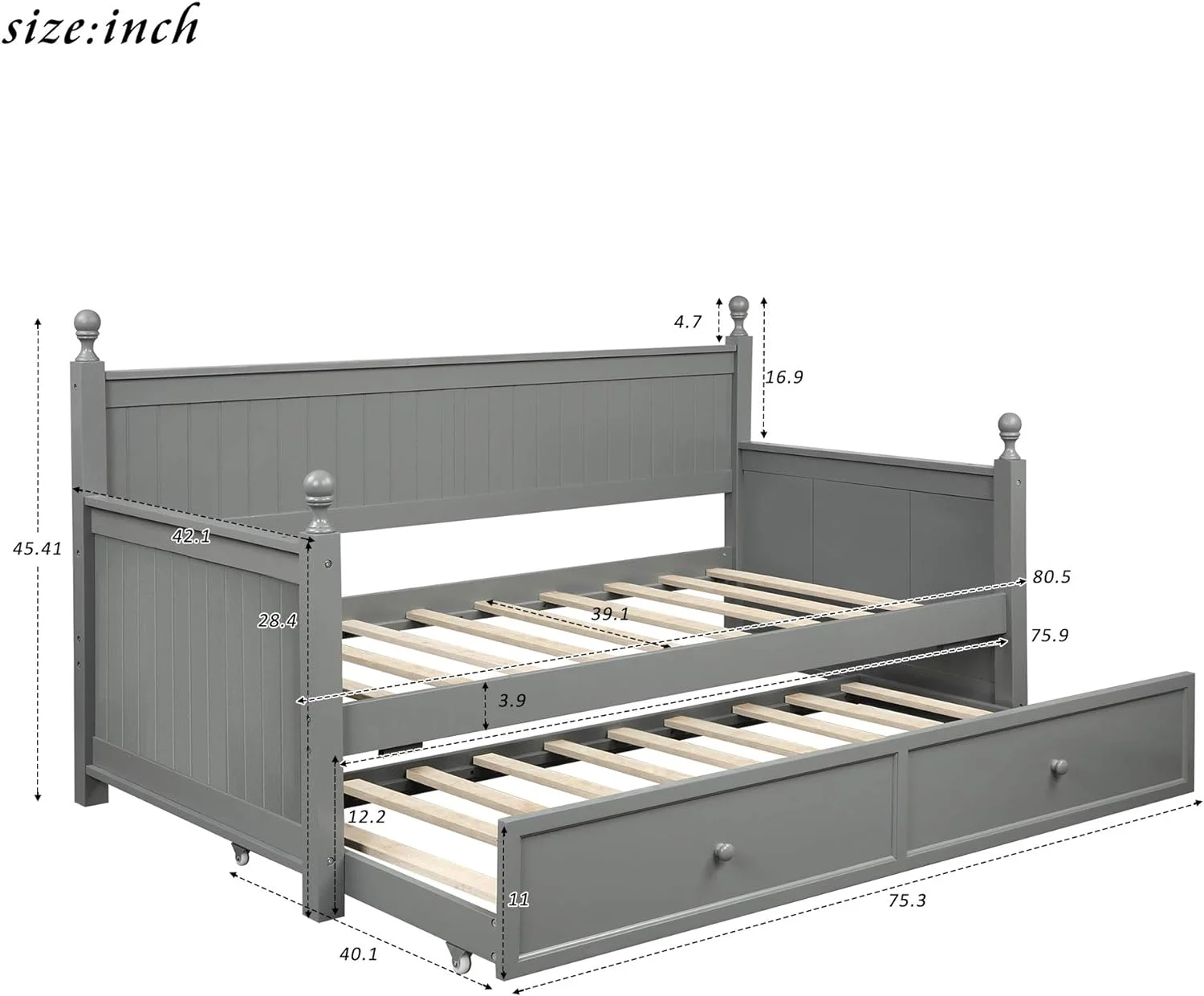 Daybed Wih rudle Bed, Wood Sofa Bed For Livig Room Bedroom, Plaform Bed For Kids Guess, o Box Sprig eeded (, Gray)