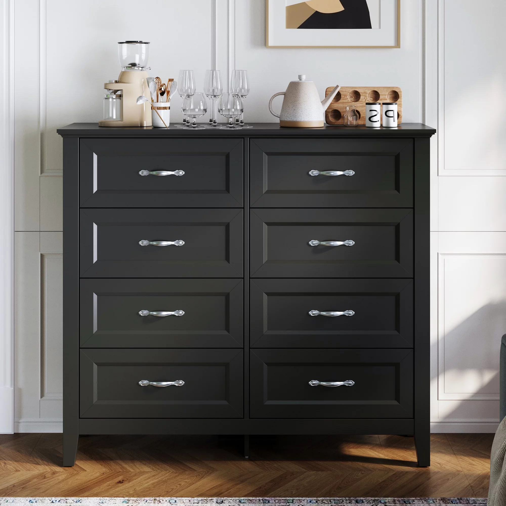 Linsy Home 8 Drawer Black Double Dresser, Wood Storage Cabinet with Easy Pull Out Handles for Living Room, Chest of Drawers for Bedroom
