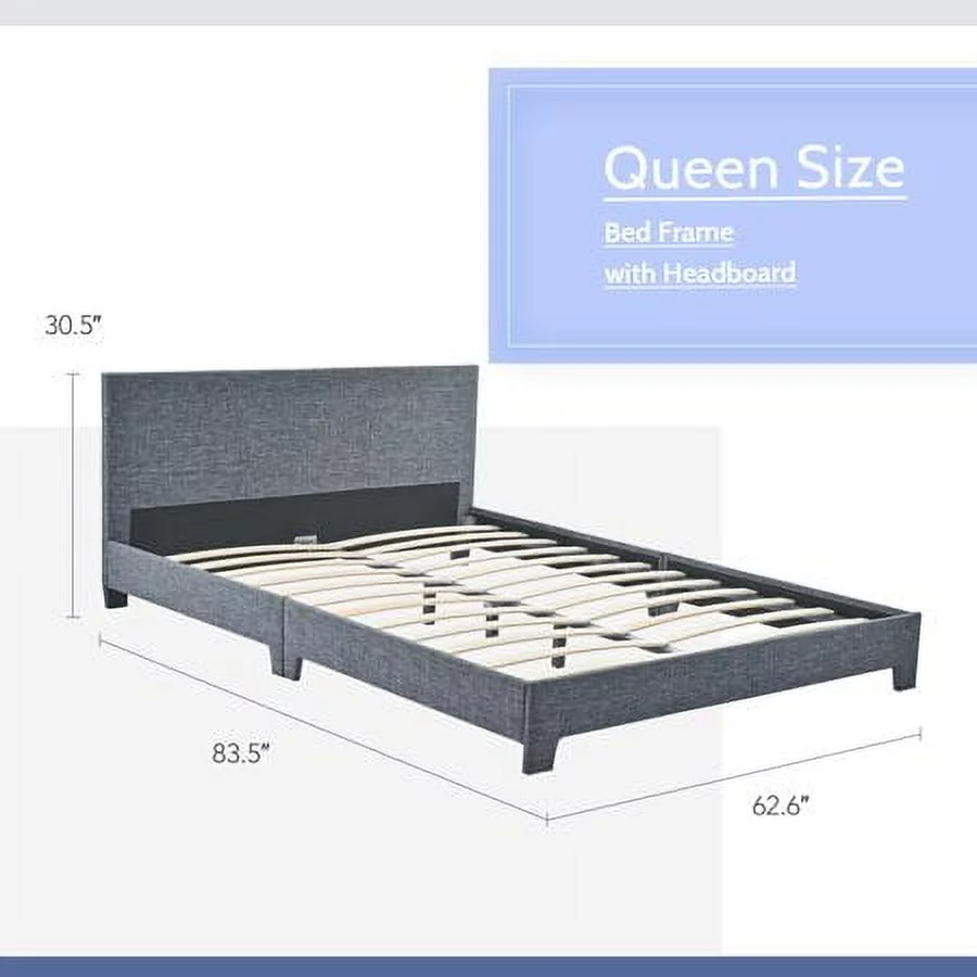 Bestco Sturdy Queen Bed Platform with Headboard Steel Frame Wood Slats 635lb Cap, Gray