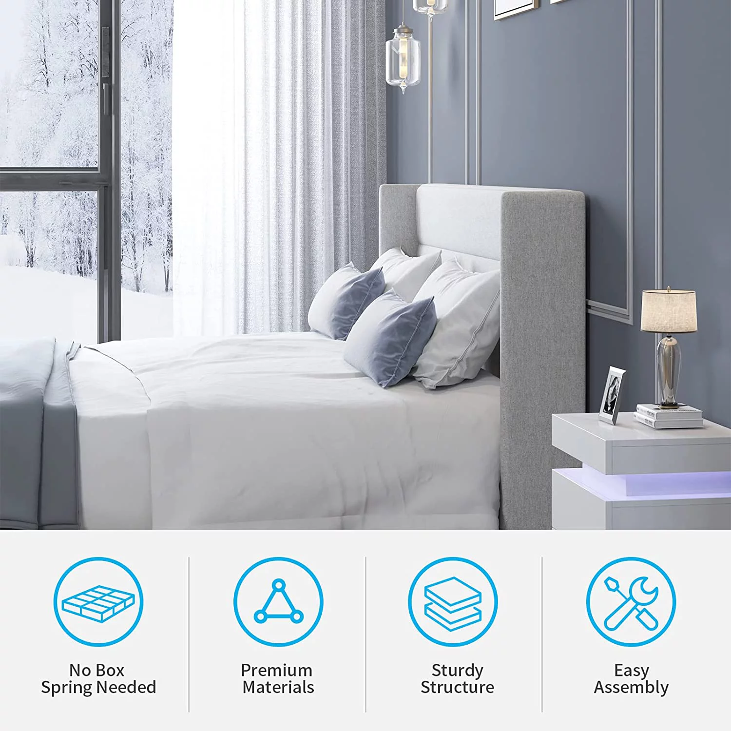 Mjkone Platform Bed Frame, Full Size Bed Frames with Headboard, Modern Bed Frame Has Wooden Slat Support, No Box Spring Needed/Easy Assembly/No Mattress(Full, Light Grey)