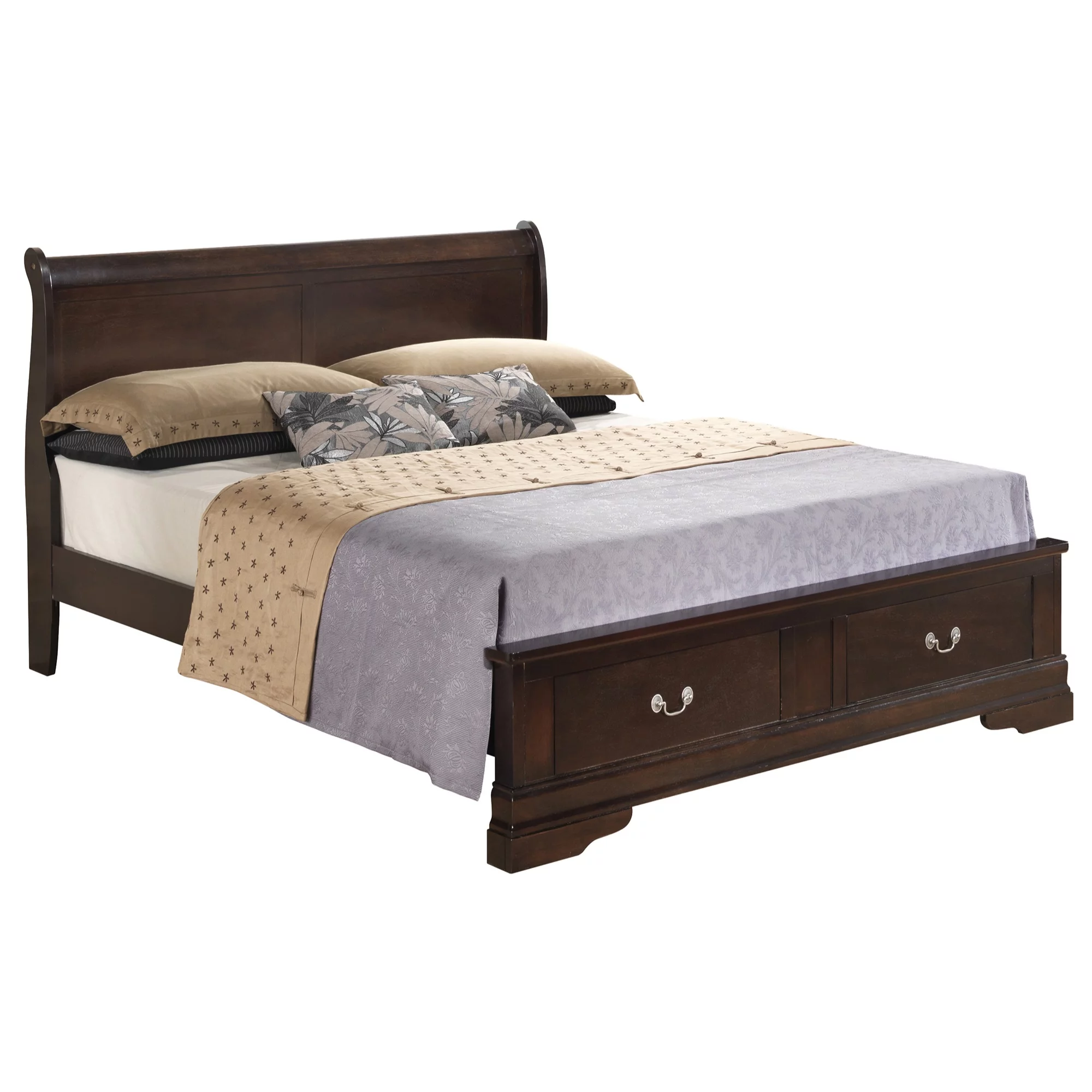 Passion Furniture Louis Philippe Storage Sleigh Wood Bed, Cappuccino - Queen Size