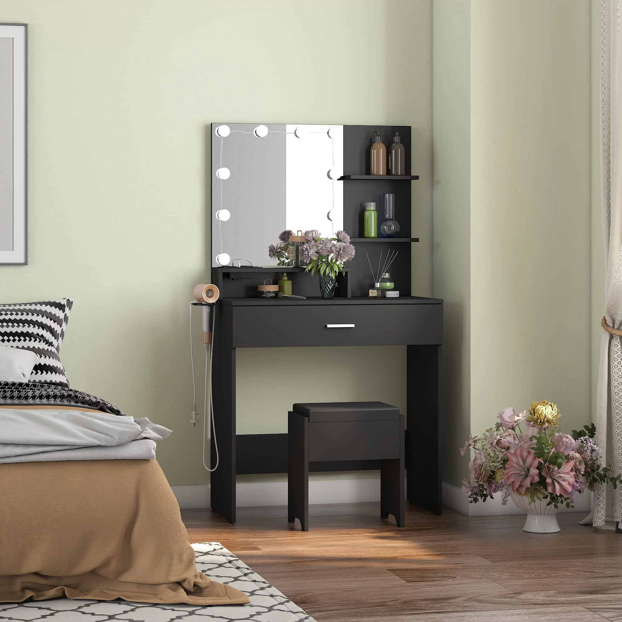 VEANERWOOD Makeup Vanity Table with Lighted Mirror & Power Strip, White Vanity Set with Hair Dryer Rack, Large Storage, 3 Lighting Modes, Brightness Adjustable, 31.5 Inch, Black