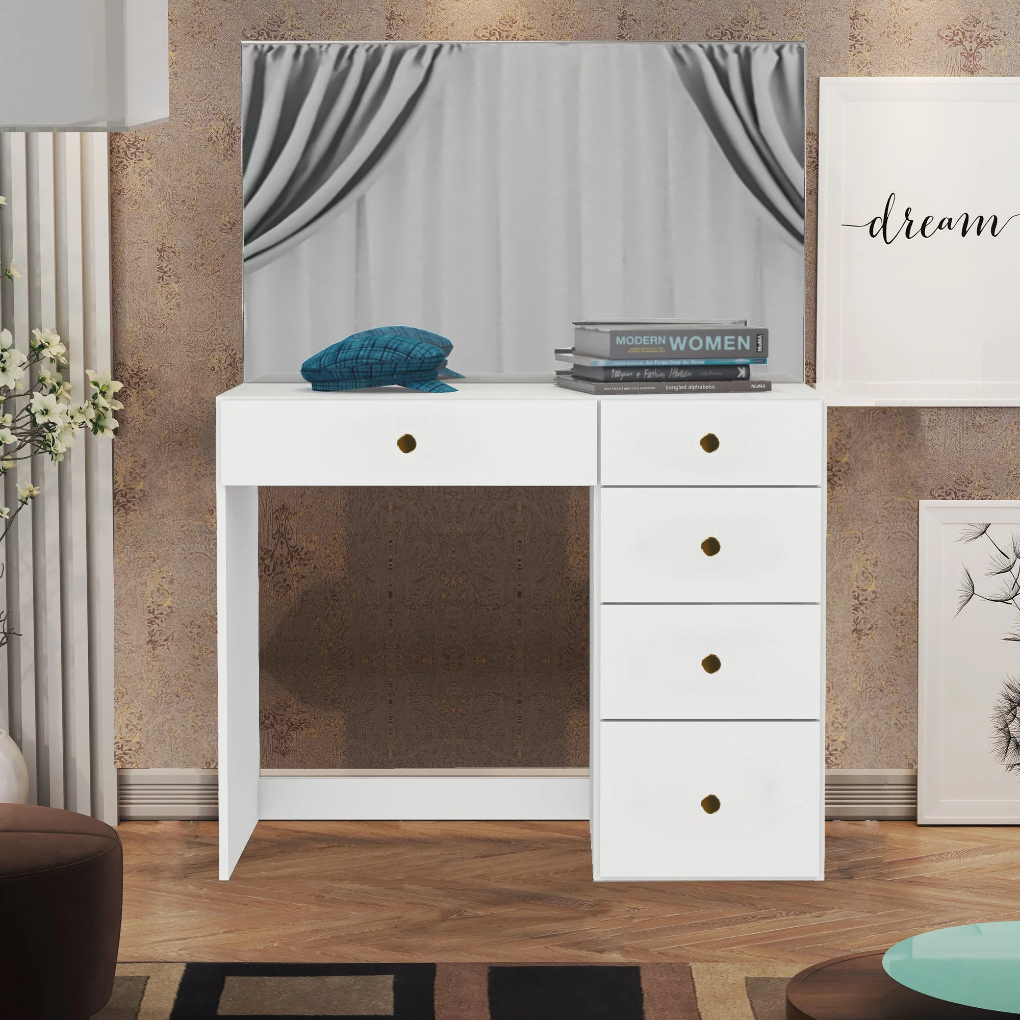 Boahaus Kira PRO Modern Makeup Vanity, 5 Drawers, Mirror, Golden Knobs, White, for Bedroom