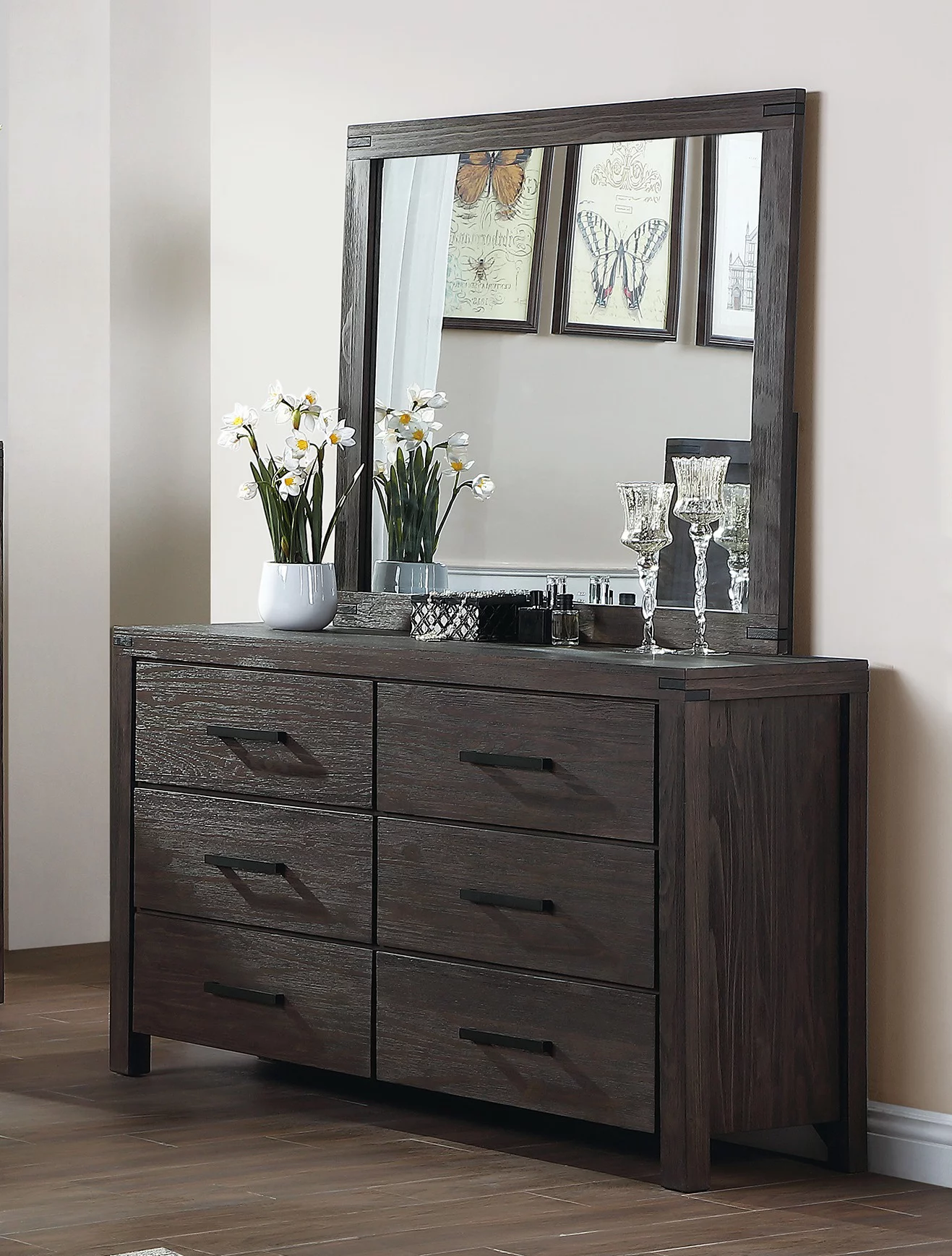 Modern Simple Tufted HB Queen size bed Dresser Mirror Nightstand 4pc Set Charcoal Polyfiber fabric