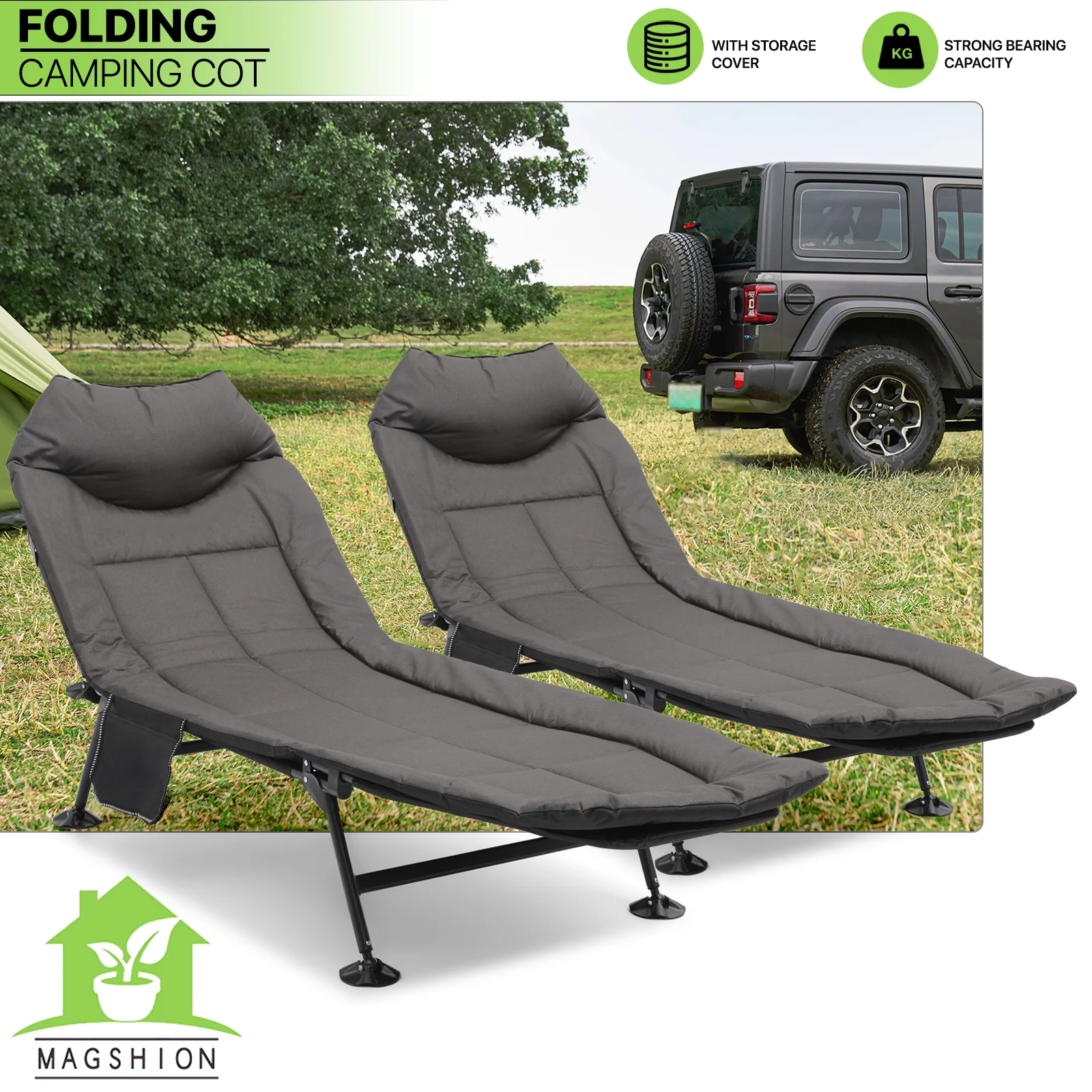 Magshion 2 Pack Folding Camping Cot with Mattress, Portable Travel Padded Camp Cot with Adjustable Backrest, Sleeping Bed with Carry Bag for Home Office Nap Outdoor, Black