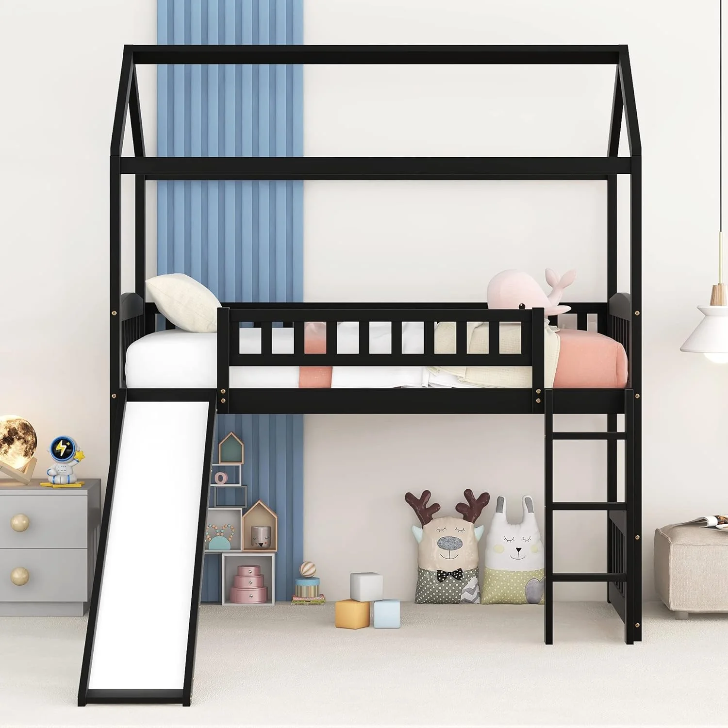 House Loft Bed For Kids, Loft Bed With Slide Ad Ladder, Wood Kids Loft Bed Frame For Girls Boys Bedroom,o Box Sprig eeded,Espresso