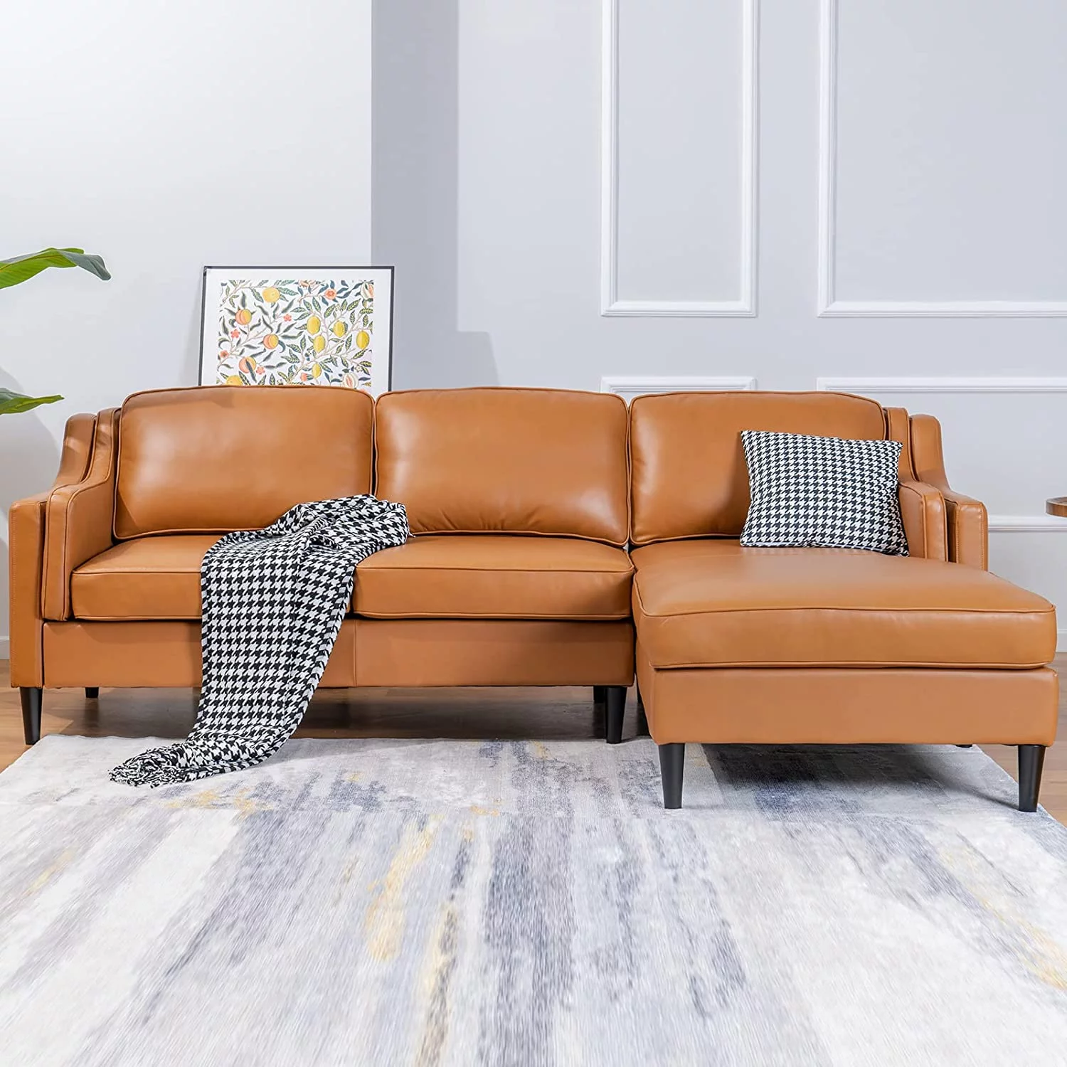 MUZZ Genuine Leather Sofa Set, Mordern Luxury Sectional Sofa, L-Shaped Leather Sectional Couch with Right Facing Style for Living Room (Cognac Tan)
