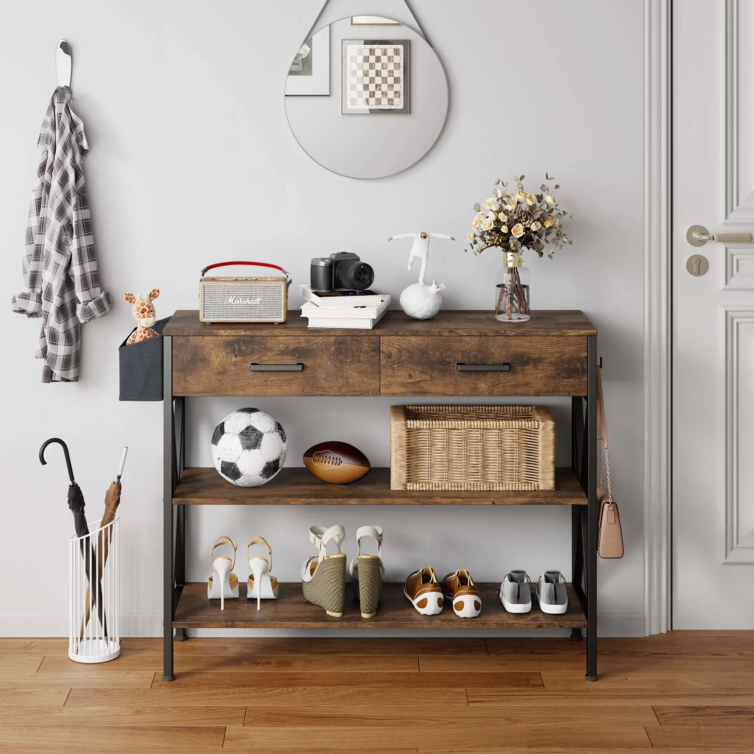 Lofka Console Table with Drawers, Entryway Console Table with 2 Drawer, Retro Brown
