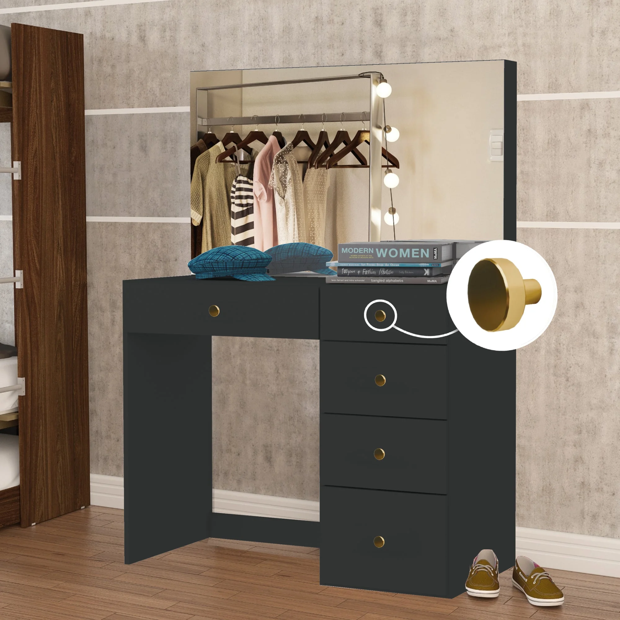 Boahaus Kira PRO Modern Makeup Vanity, 5 Drawers, Mirror, Golden Knobs, Black, for Bedroom