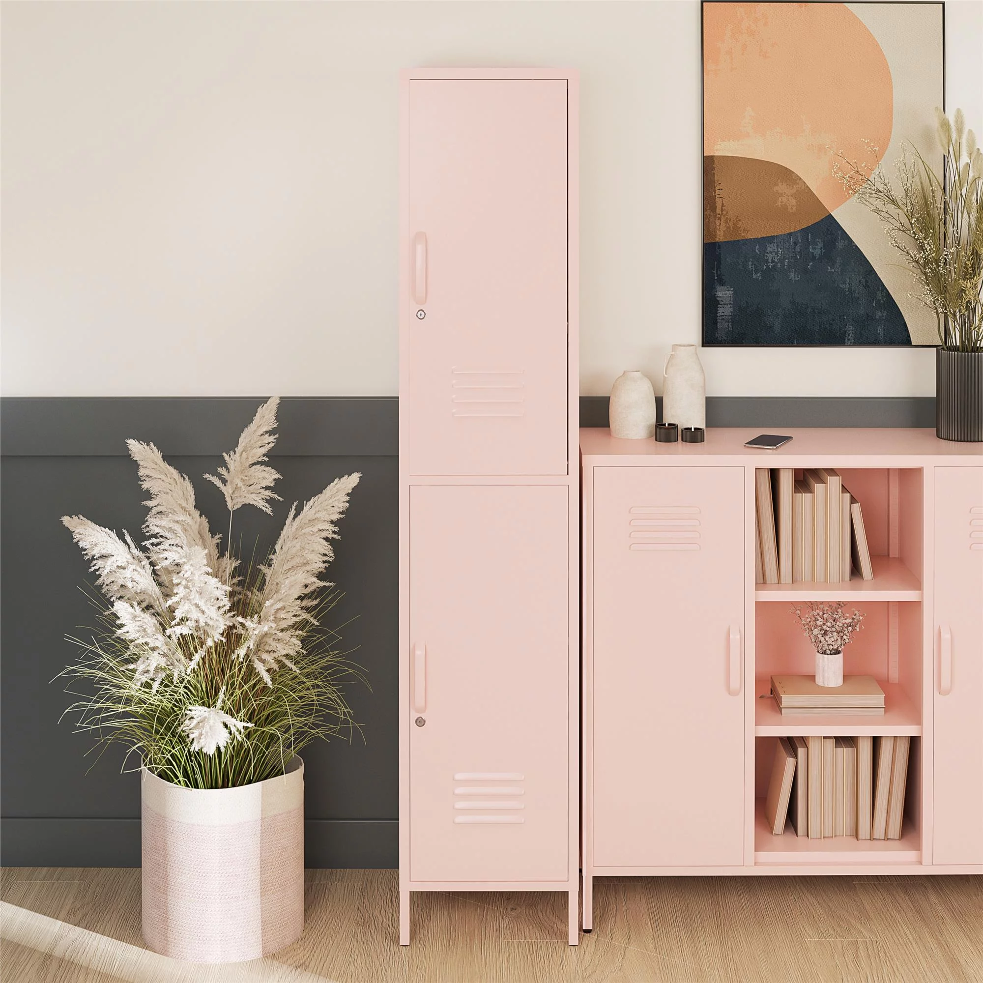RealRooms Shadwick Vertical 2 Door Single Metal Locker Style Storage Cabinet, Pale Pink