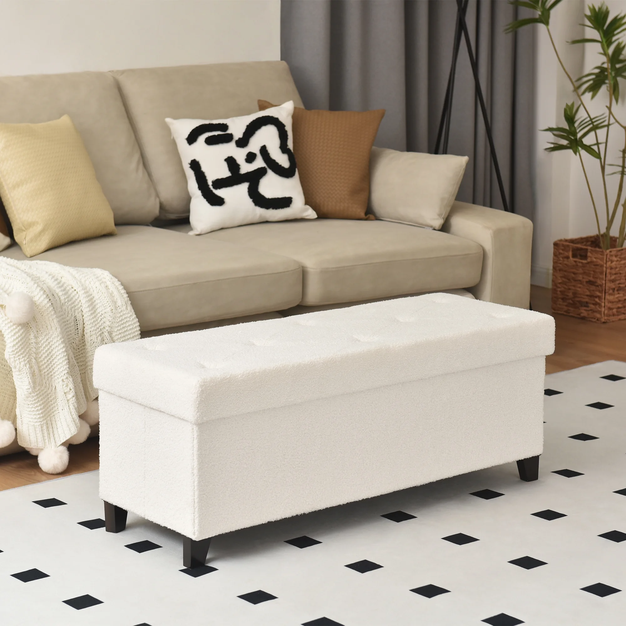 Fabric Storage Ottoman, Bench for Entryway and Bedroom, White