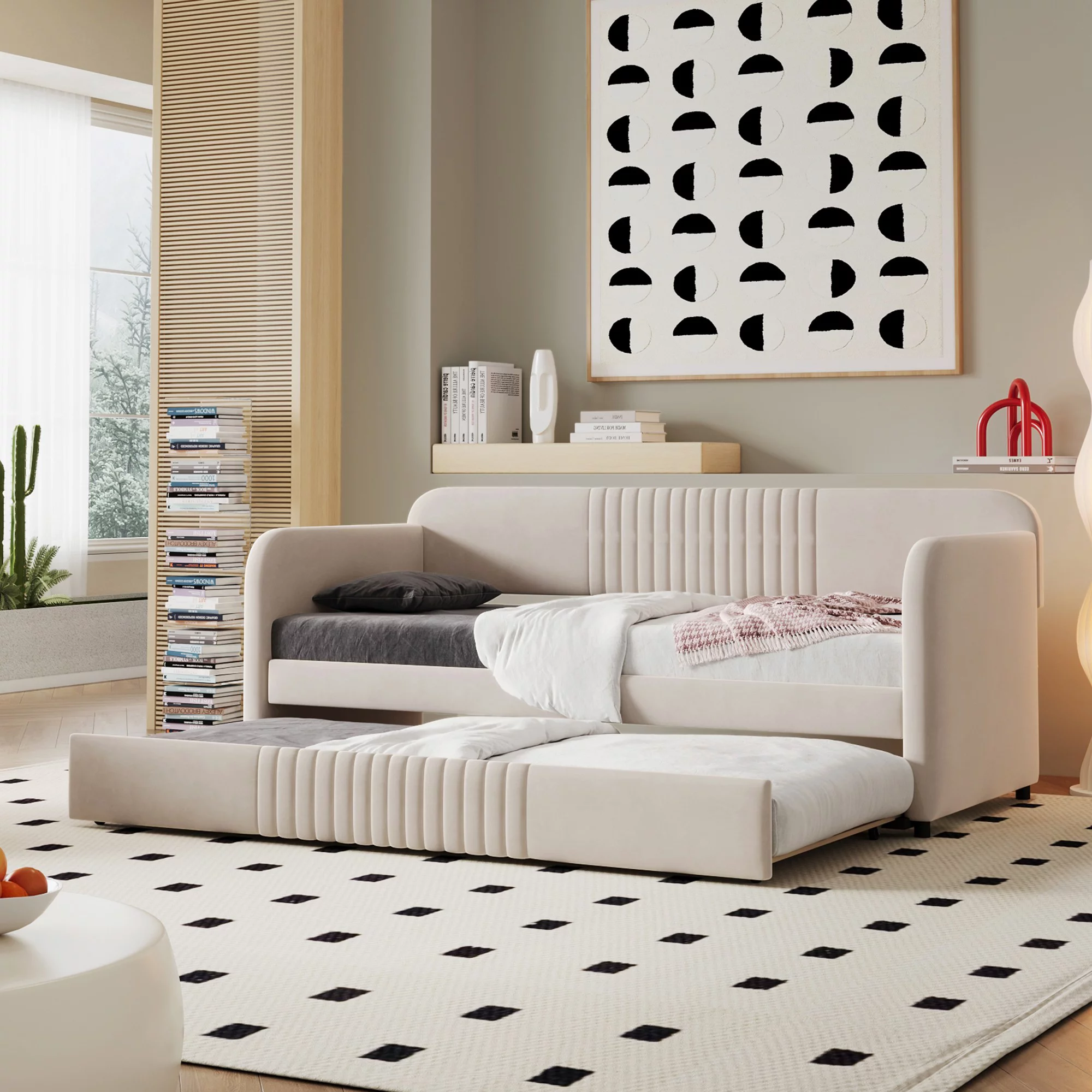 Twin Size Elegant Design Upholstered Velvet Daybed Frame with Trundle, Sofa Bed Strong Wood Slat Support Solid Construction, Mattress Foundation, No Box Spring Needed