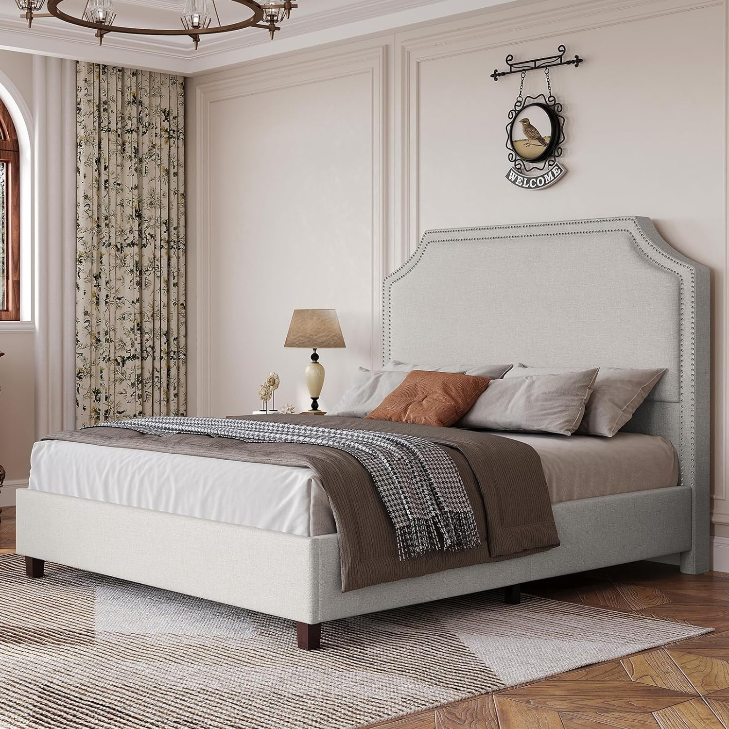 Jocisland King Size Bed Frame Upholstered Platform Bed with Headboard, Nailhead Trim, No Box Spring Required,Grey