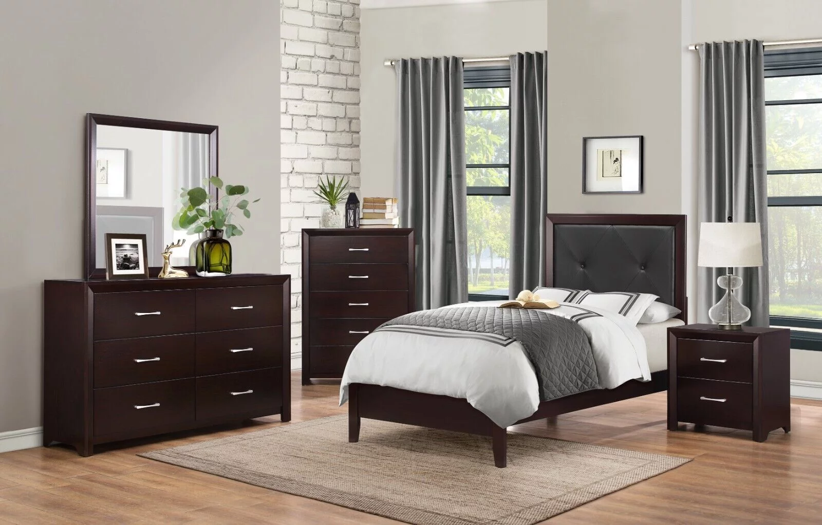Contemporary Espresso Finish Bedroom 5pc Set Twin Bed Two Nightstands Dresser Mirror Bedroom Furniture
