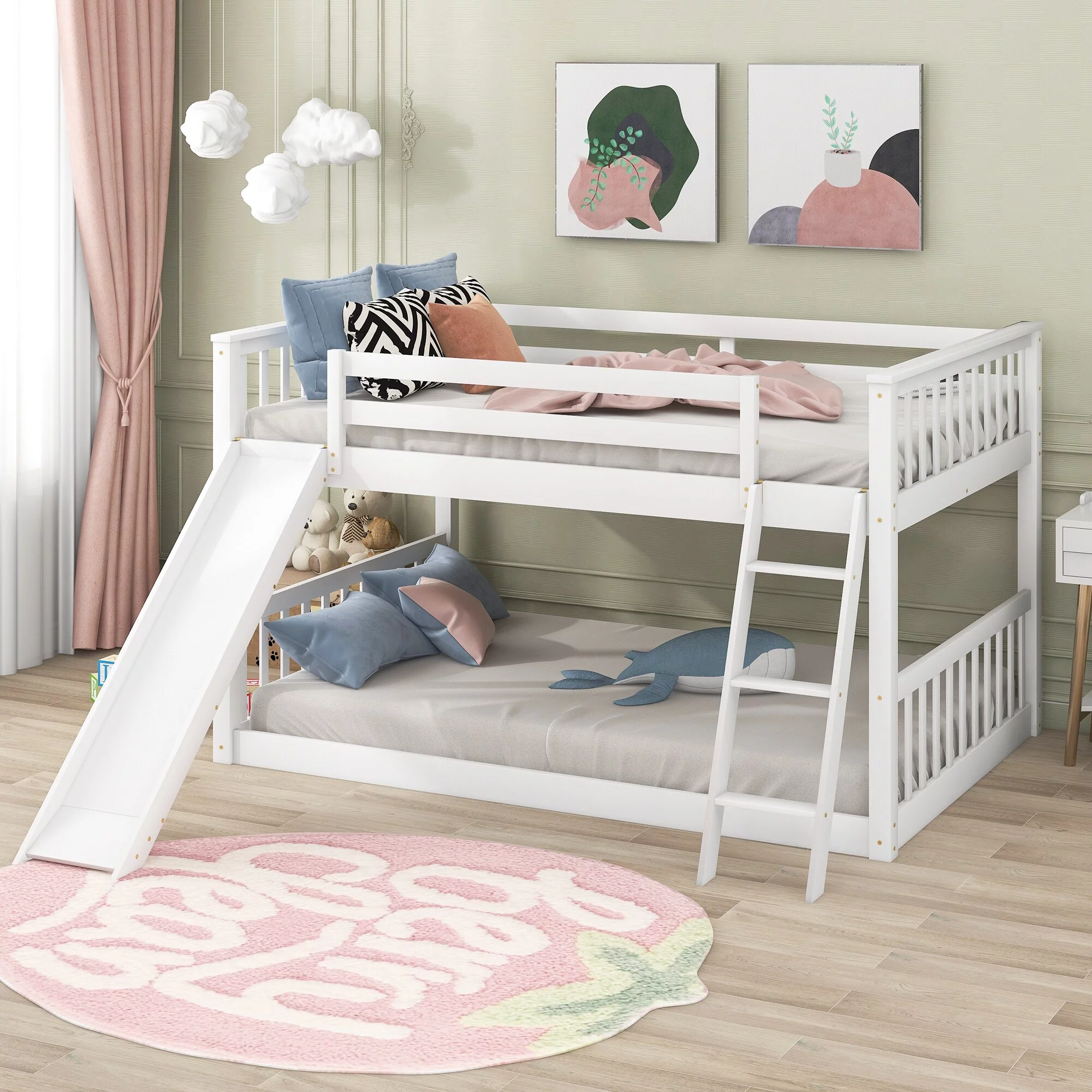 Momei Full over Full Bunk Bed with Convertible Slide and Ladder Grey