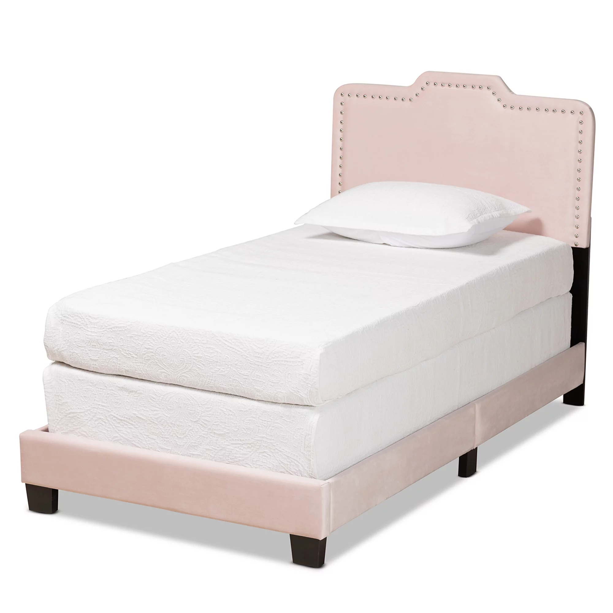 Baxton Studio Benjen Contemporary/Modern Velvet Back Support Panel Bed, Twin, Light Pink/Black