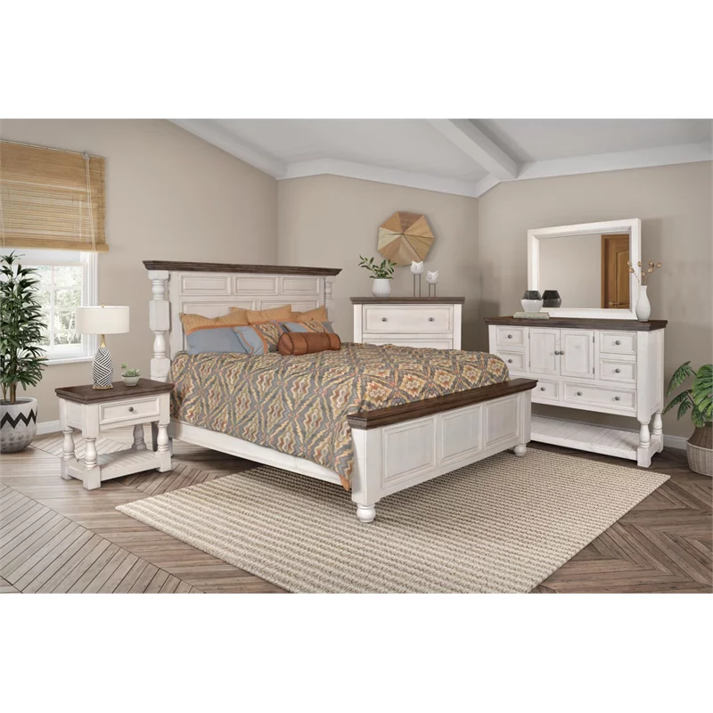 Sunset Trading Rustic French King Panel Bed - Distressed White and Brown Solid Wood