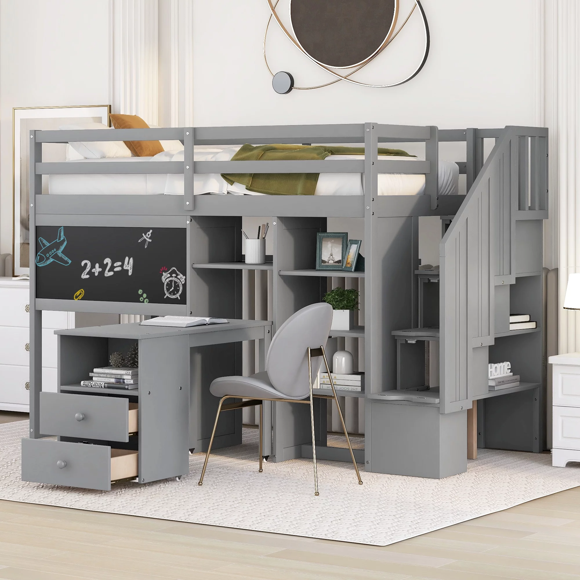 CoSoTower Twin Size Loft Bed with Pullable Desk and Storage Shelves, Staircase and Blackboard, Gray