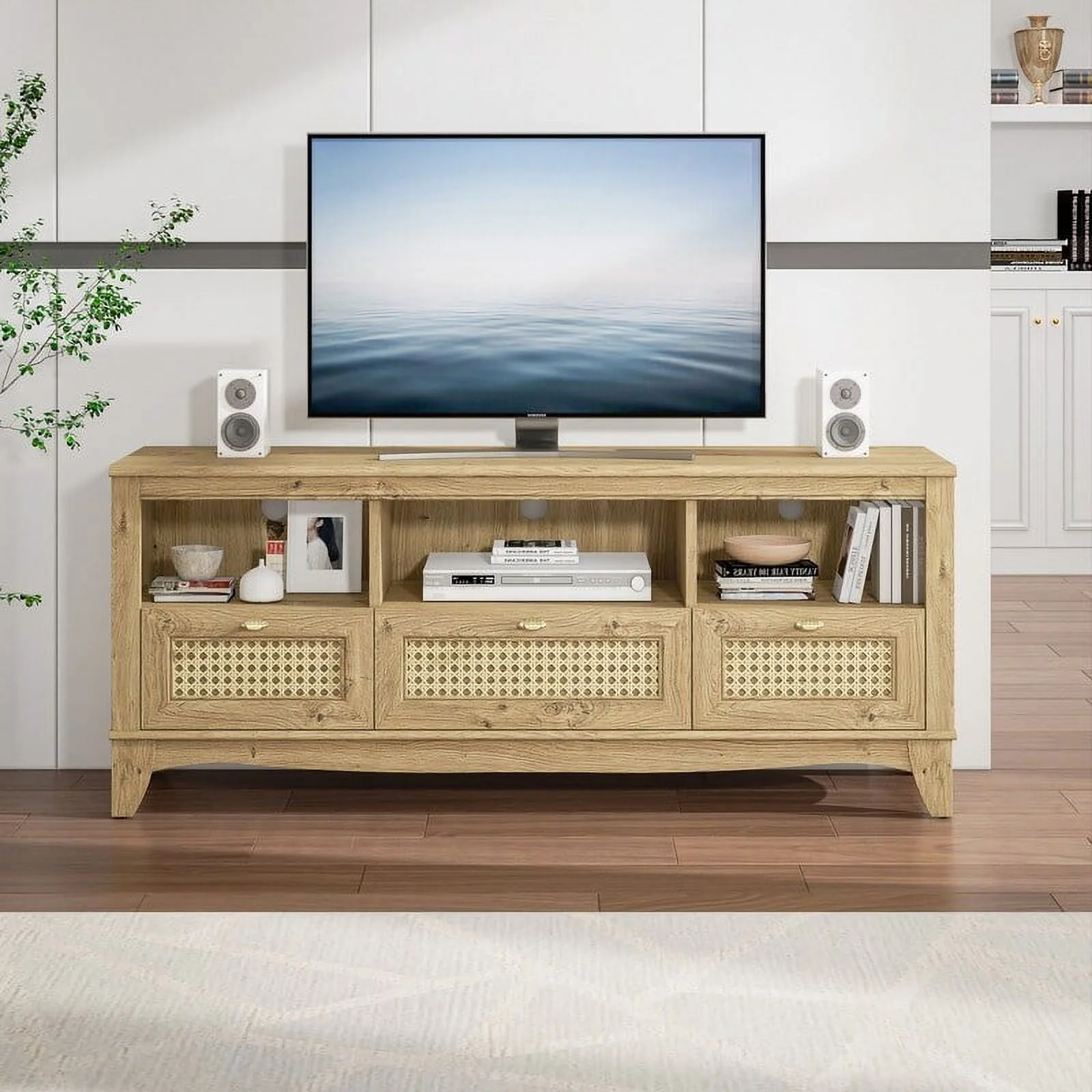 55-inch Rustic Wood TV Stand with Wicker Door Design for TVs up to 65