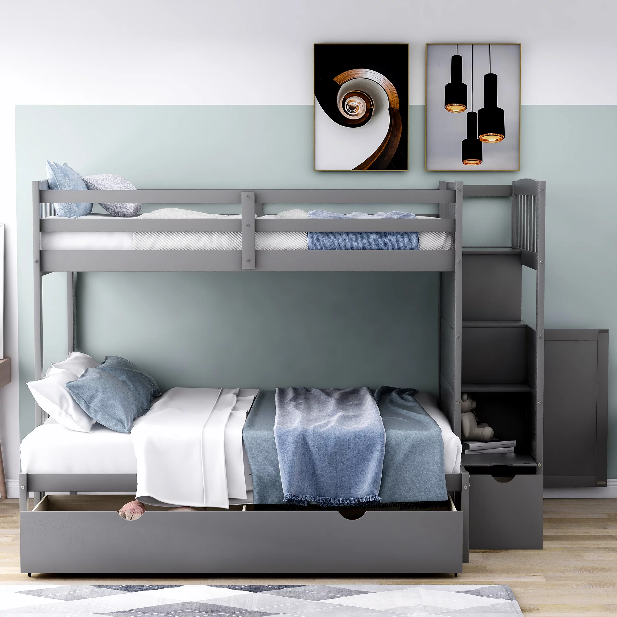 Nestfair Gray Twin over Full Bunk Bed with Storage Shelves and Drawers