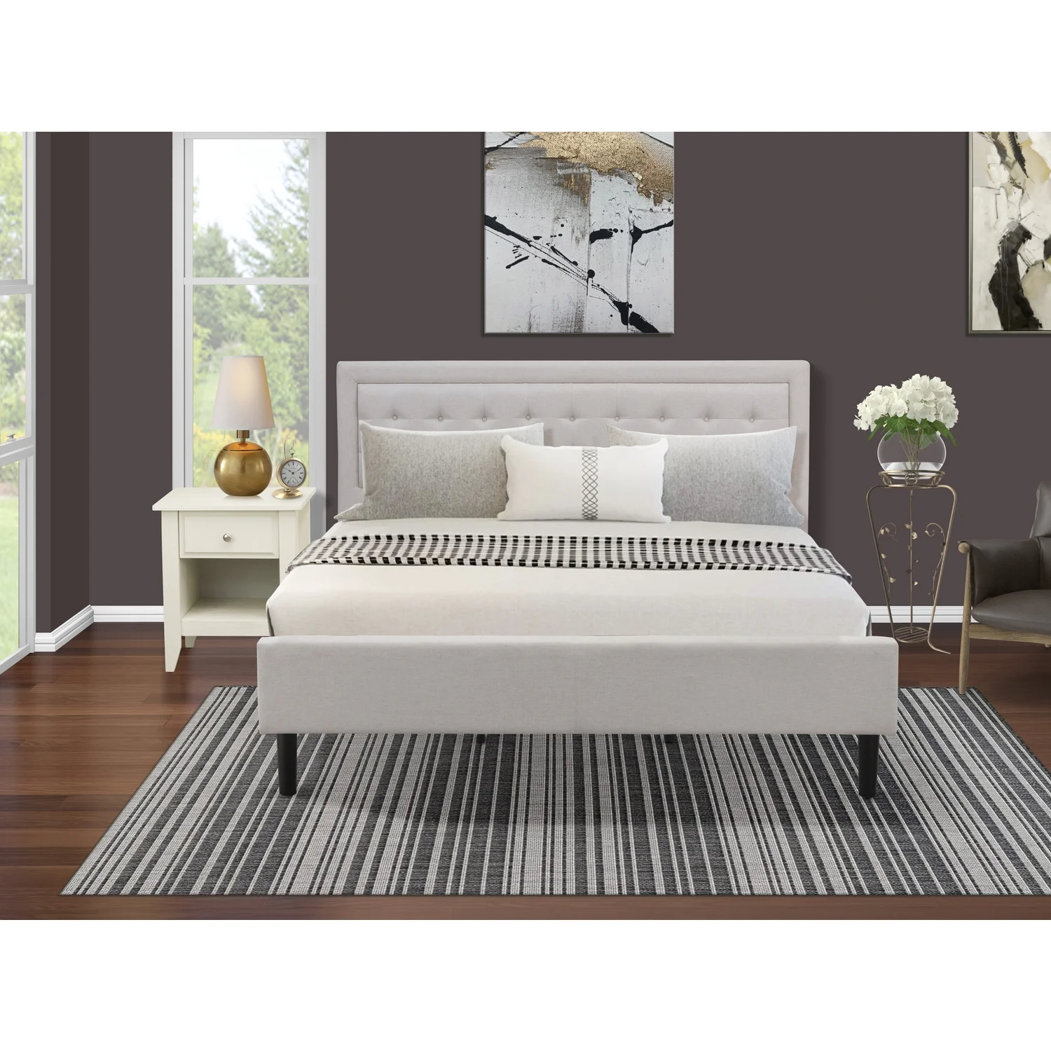 East West Furniture 2-piece Wood Platform King Bedroom Set in Mist Beige/Walnut