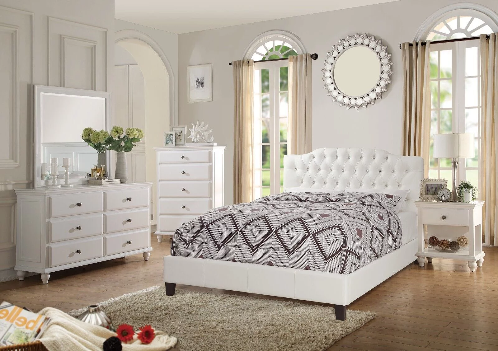 White Classic Queen Size Bed Dresser Mirror Nightstand 4pc Set Bedroom Furniture Tufted Faux Leather Headboard Platform Bed
